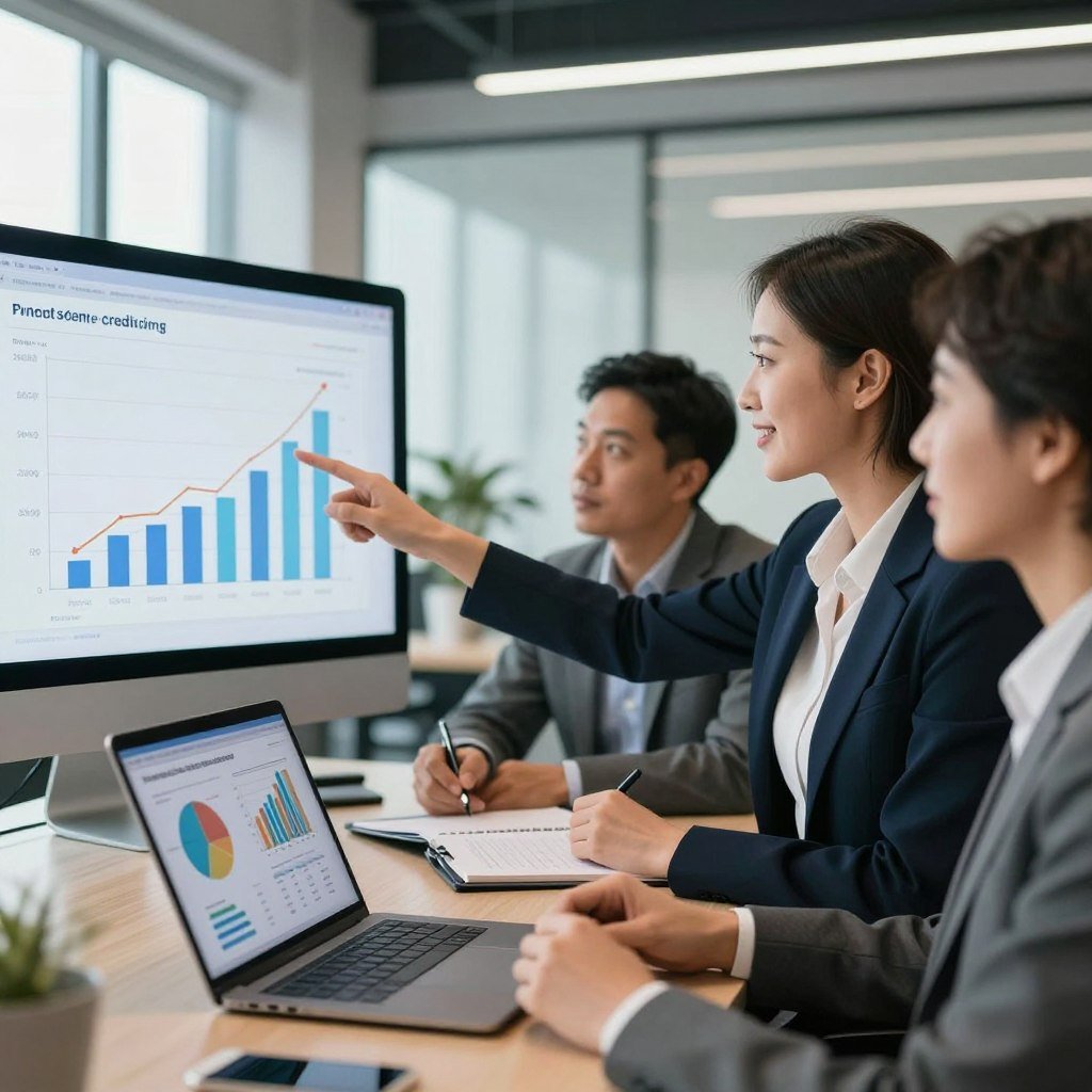 A professional business setting showing a diverse group of individuals examining a digital display that highlights positive credit scores and financial growth metrics. In the foreground, a confident businesswoman in formal attire points to a graph illustrating an upward trend in credit history. In the middle, a focused businessman, also in professional attire, takes notes while a laptop displays colorful charts related to credit management. The background features a sleek office interior with modern design elements, large windows allowing natural light to pour in, creating an uplifting atmosphere. The overall mood should evoke professionalism, optimism, and the importance of financial literacy. Capture the scene with a soft focus lens, emphasizing the subjects while maintaining clarity in the digital displays.