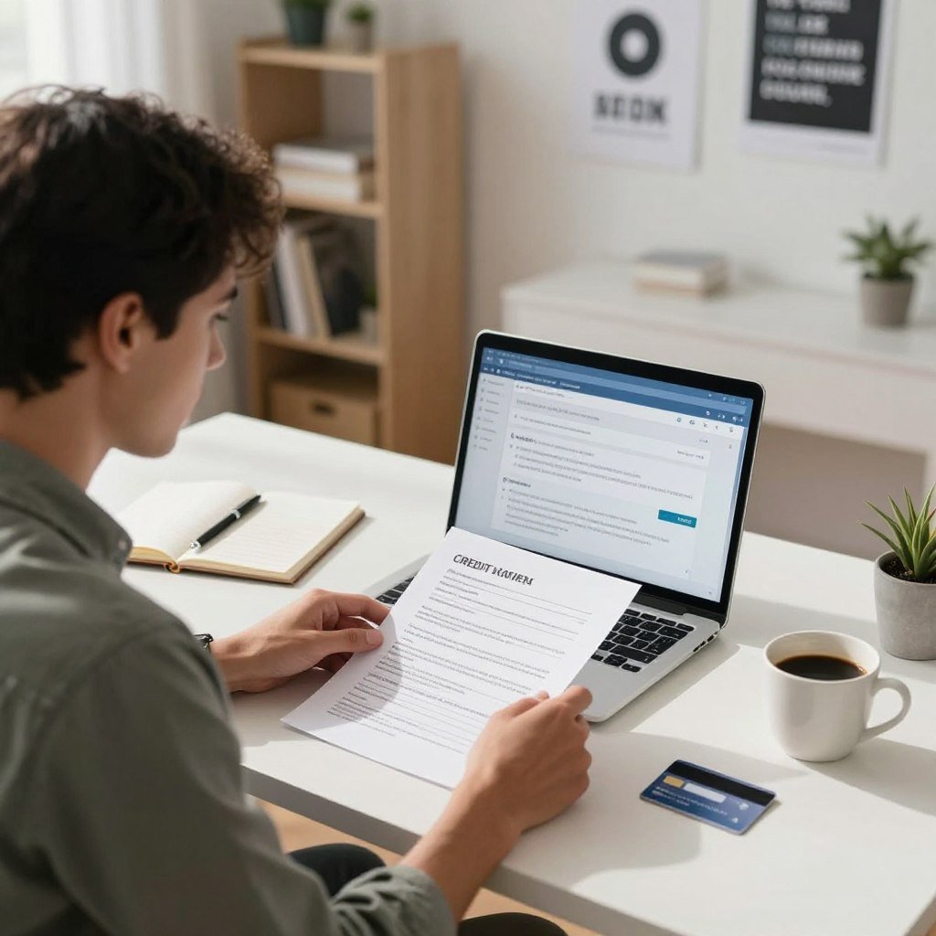 A professional freelancer seated at a modern desk, diligently working on a laptop while reviewing financial documents and a credit card application form. The foreground features the freelancer, a young adult in smart casual attire, surrounded by a notepad, a pen, and a cup of coffee. In the middle, the laptop screen displays an online credit card application interface. The background showcases a well-lit, minimalist home office with bookshelves and motivational posters, creating an inspiring atmosphere. Soft, natural lighting illuminates the scene, casting gentle shadows that enhance depth. The angle is slightly above eye level, providing a clear view of the freelancer's focused expression and the workspace items, evoking a sense of professionalism and determination.