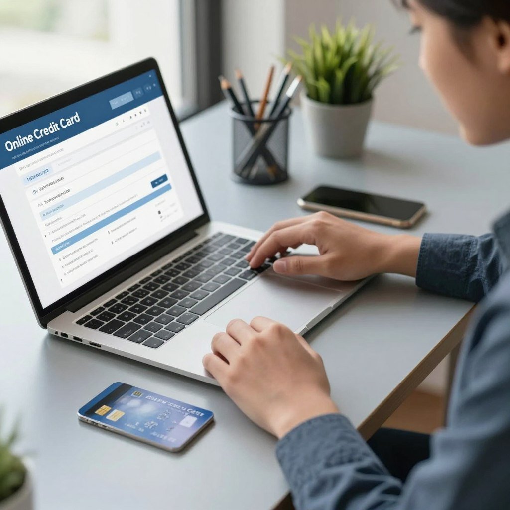 A professional individual sitting at a modern desk with a laptop open, engaged in filling out an online credit card application form. In the foreground, a close-up of their hands typing, using a smartphone with a clear image of a CPF card next to it. In the middle background, a sleek desk with stationery and a small potted plant that adds a touch of warmth. Soft, natural lighting coming from a nearby window illuminates the scene, creating a calm and focused atmosphere. The angle captures both the individual and the application process, highlighting professionalism and ease of technology use in financial matters. The overall mood is hopeful and optimistic, suggesting accessibility and success in obtaining a credit card.
