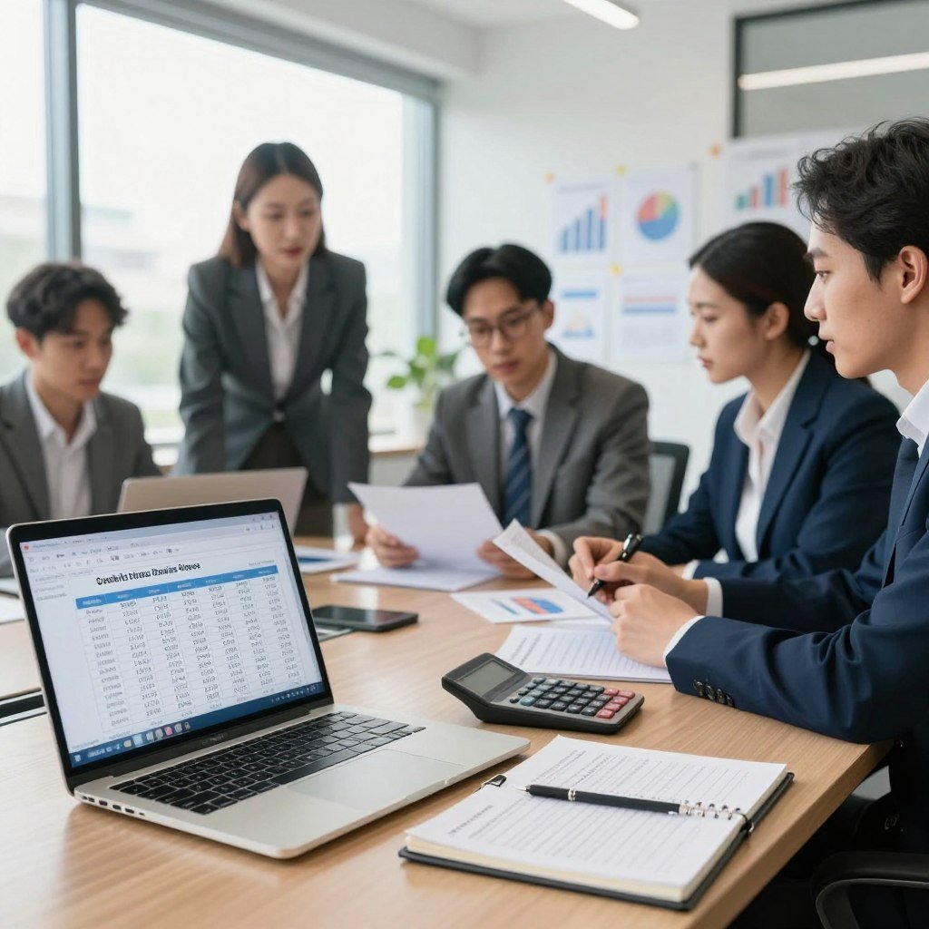 A professional office environment with a focus on business finance. In the foreground, a laptop with an open spreadsheet displaying credit card rates for small business owners. Next to it, a calculator and a notepad filled with financial notes. In the middle, a diverse group of individuals in professional attire discussing financial strategies, showcasing expressions of concentration and collaboration. The background features a modern office setting with large windows allowing natural light to stream in, illuminating charts and graphs taped to the walls. The mood is focused and productive, emphasizing the importance of financial management for entrepreneurs. The image composition should have a slight depth of field, keeping the foreground sharp and the background softly blurred.