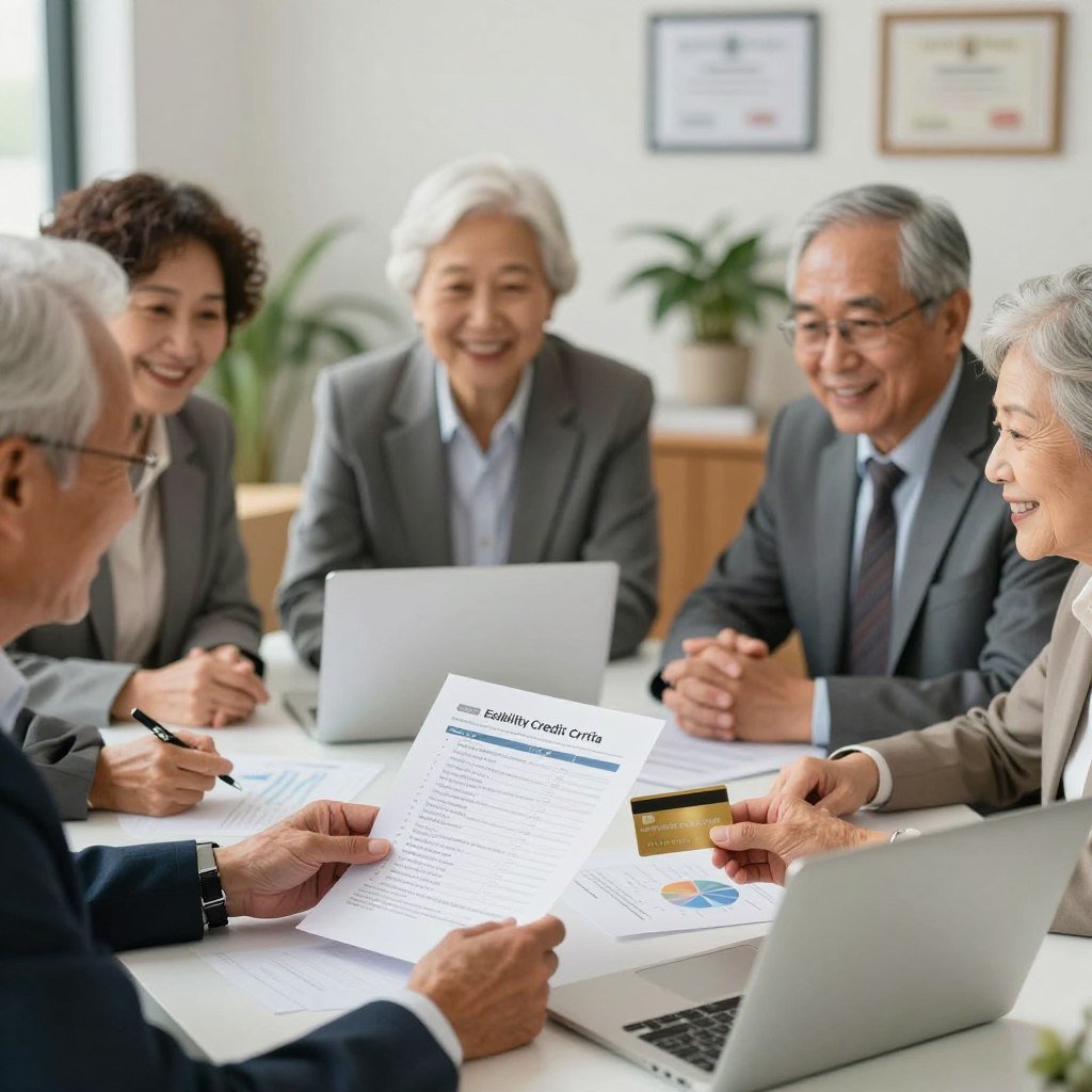 A professional scene depicting a diverse group of older adults in business attire, engaged in a discussion around a table filled with paperwork and a laptop, symbolizing the eligibility criteria for a special credit card for retirees. The foreground highlights their interaction, showcasing expressions of focus and collaboration. In the middle, documents featuring eligibility checklists and financial graphs can be seen, while a soft-focused background includes warm, inviting office decor with plants and certificates on the walls. The lighting is bright and welcoming, enhancing an atmosphere of optimism and professionalism, captured from a slightly elevated angle to provide a comprehensive view of the group working together.