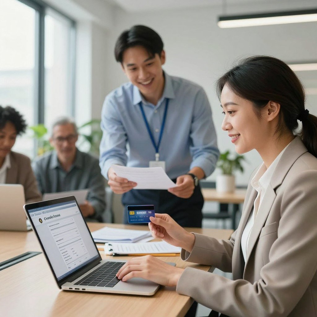 A professional setting depicting a diverse group of adults engaged in a smooth process of applying for a credit card. In the foreground, a confident woman in smart business attire is using a laptop, visibly interacting with a user-friendly online application interface. In the middle, a friendly bank representative, also dressed in professional attire, is offering guidance to another individual who is holding documents. The background features a bright, modern office space with soft natural lighting coming through large windows, plants enhancing the atmosphere. The overall mood is optimistic and collaborative, reflecting a hassle-free experience in securing a credit card swiftly. The image should have a wide-angle perspective, emphasizing the dynamic interaction.
