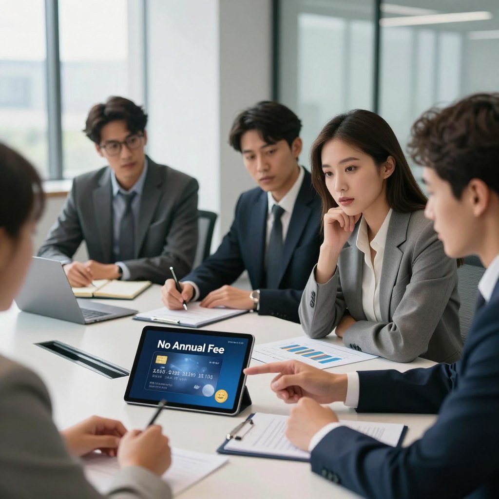 A professional setting featuring a diverse group of individuals in business attire, gathered around a modern conference table, discussing financial strategies. In the foreground, a woman with a thoughtful expression points to a digital tablet displaying a credit card with “No Annual Fee” prominently featured. In the middle, another individual takes notes, with a visible chart of expenses and savings beside them. The background showcases a sleek office environment with large windows allowing natural light to filter in, casting soft shadows. The atmosphere is focused and collaborative, emphasizing the importance of financial literacy and smart credit card usage. The overall lighting is bright and inviting, enhancing the professional tone of the scene.