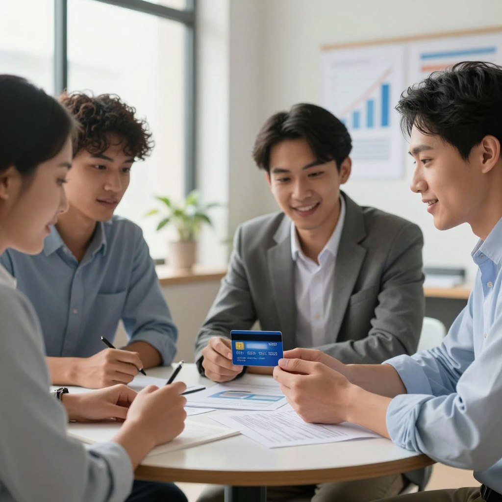 A professional setting that illustrates the concept of building credit history for Microentrepreneurs (MEI). In the foreground, a confident, diverse group of three individuals engaged around a small table, discussing a credit card in a business-like atmosphere. The middle section features a close-up of a credit card and financial documents, symbolizing credit building. The background shows a modern office environment with a bright, natural light coming through large windows, creating an optimistic mood. Include elements like charts or graphs on the wall that suggest financial growth. Capture this scene with warm lighting and a slight depth of field to emphasize the subjects while softly blurring the background. The overall atmosphere should convey professionalism and aspiration.