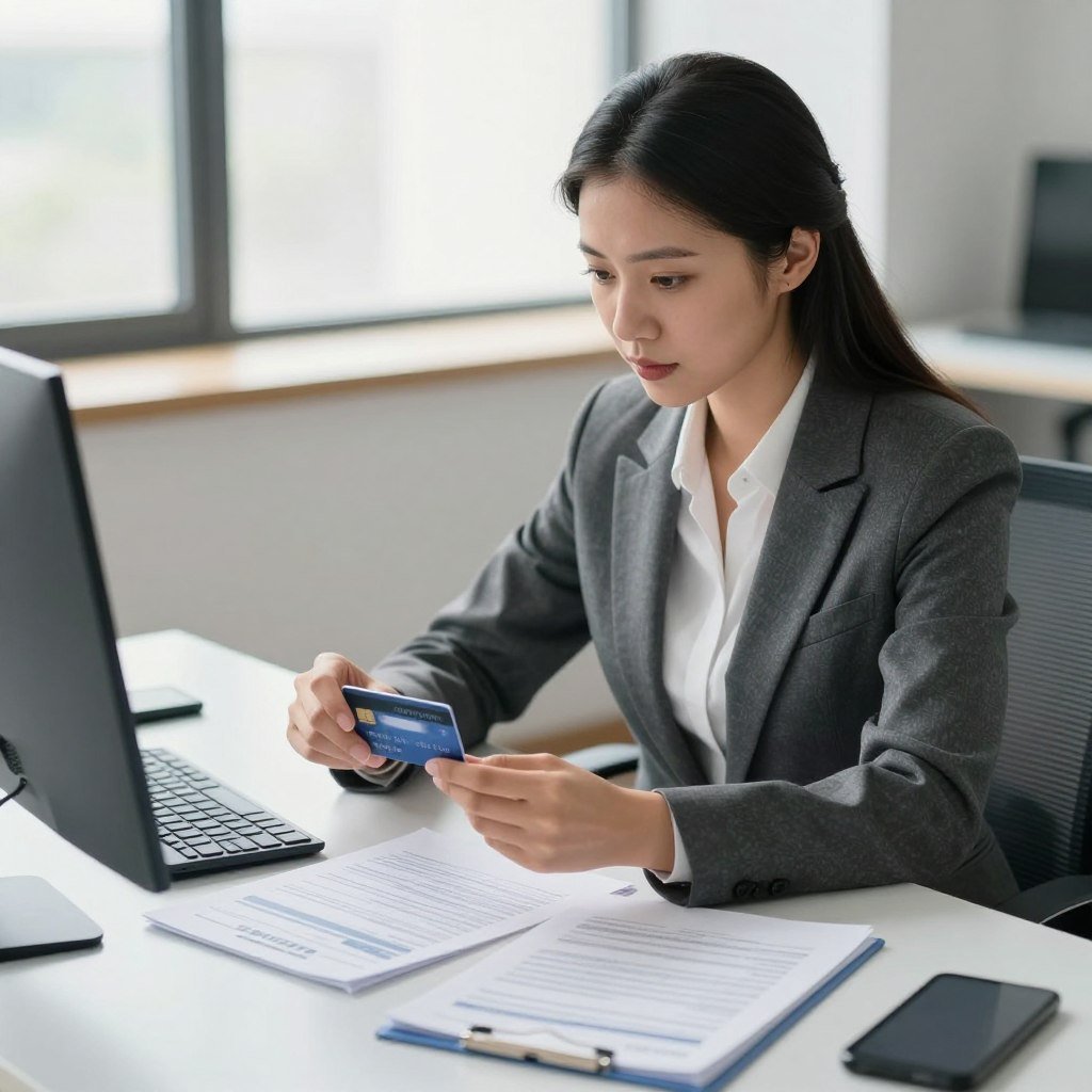 A professional woman in a smart business attire is seated at a sleek modern desk, intently reviewing a digital application for a credit card. She is surrounded by essential documents, such as identification papers and financial statements, symbolizing the process of requesting a credit card when no offers are available. In the background, a bright window allows natural light to pour in, illuminating the room and enhancing the focus on her thoughtful expression. The atmosphere is serious and professional, reflecting the importance of financial decisions. The camera angle is slightly above eye level, creating a sense of depth and engagement in the scene. The overall tone is hopeful and determined, emphasizing careful consideration and planning in financial matters.
