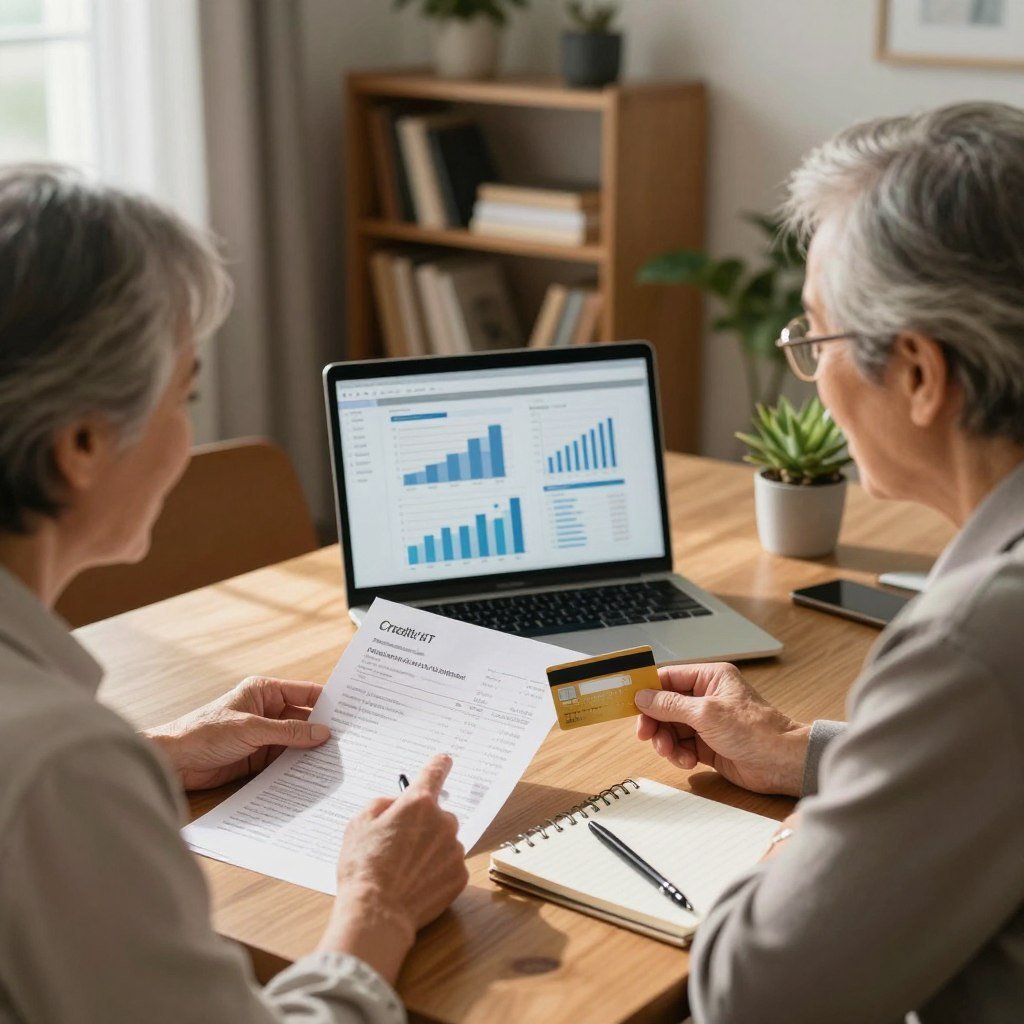 A serene home office scene designed to convey mindful credit card usage. In the foreground, an elderly couple, dressed in professional business attire, are reviewing their credit card statements at a wooden desk. They are engaged in a thoughtful discussion, with one pointing at the statement while the other takes notes on a notepad. The middle ground features a laptop displaying graphs and financial planning tools, creating a modern yet cozy atmosphere. In the background, a bookshelf filled with financial literature and potted plants adds warmth to the scene. Soft, natural light filters in through a nearby window, casting gentle shadows and creating a calm, focused mood. The composition captures the essence of responsible financial management, emphasizing wise decision-making.
