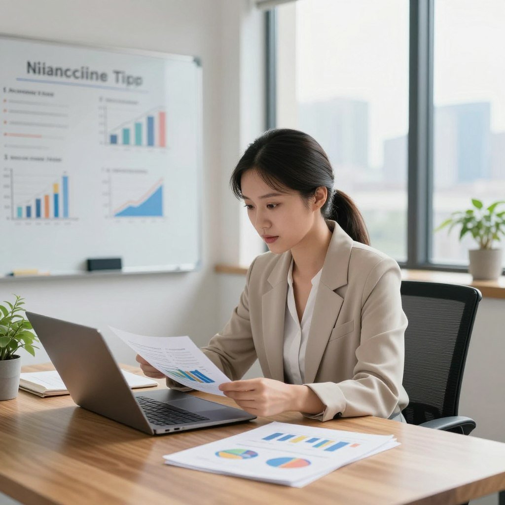 A serene office space reflecting financial education, with a professional woman in modest business attire sitting at a sleek wooden desk. She is reviewing financial documents and graphs on a laptop, surrounded by colorful charts and a potted plant that adds a touch of life. In the background, a whiteboard is filled with financial tips and strategies, and a large window reveals a bright city skyline, symbolizing opportunities. Soft, warm lighting illuminates the scene, creating an inviting and motivating atmosphere. The camera angle is slightly above eye level, focusing on the woman’s engaged expression and the details of the workspace, emphasizing the importance of financial literacy as a foundation for success.