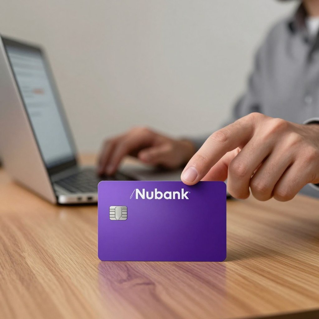 A sleek and elegant Nubank Ultravioleta credit card, prominently displayed in the foreground, showcasing its distinct violet gradient finish and the metallic logo. The card is positioned on a stylish wooden desk with minimalist decor, conveying a modern and professional atmosphere. In the middle ground, a blurred laptop screen hints at online banking activities, while a hand in a smart-casual outfit reaches towards the card, symbolizing accessibility and user engagement. The background features a softly lit room with neutral tones, enhancing the sophisticated mood. Soft, ambient lighting highlights the card’s features, creating a sense of trust and reliability, ideal for portraying financial benefits. The composition emphasizes the card's allure and practicality, making it a focal point for those interested in modern financial products.