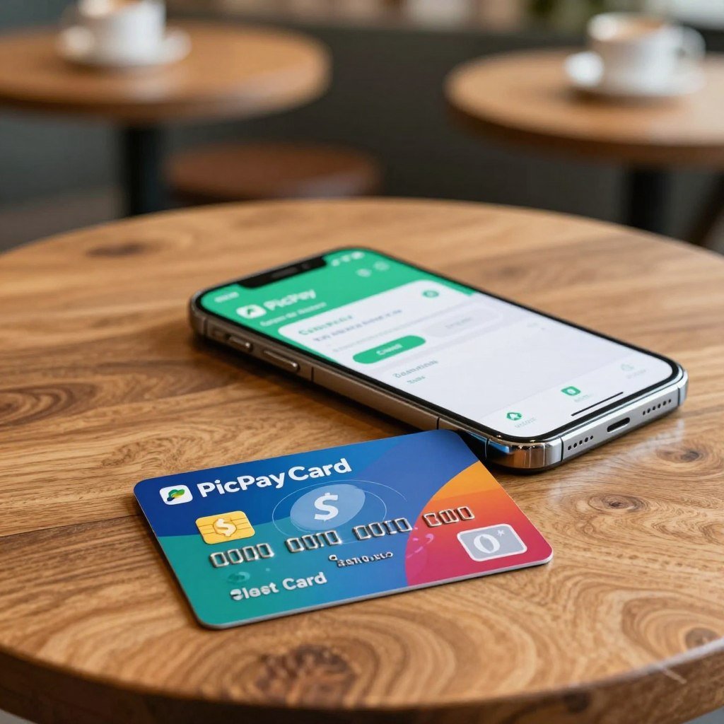 A sleek and modern image of a "PicPay Card" credit card, prominently displayed in the foreground on a stylish wooden table. The card features a vibrant design with a focus on the cashback theme, illustrating its automatic cashback feature through visual elements like dollar signs or subtle graphics. In the middle ground, a stylish smartphone displays the PicPay app, showcasing the cashback balance. The background comprises a soft-focus coffee shop ambiance with soft, warm lighting to create a welcoming atmosphere. Use a slightly elevated angle to capture the card, smartphone, and table composition, emphasizing modernity and convenience. The mood should convey trust and innovation, ideal for someone considering a smart financial choice. A sleek and modern image of a "PicPay Card" credit card, prominently displayed in the foreground on a stylish wooden table. The card features a vibrant design with a focus on the cashback theme, illustrating its automatic cashback feature through visual elements like dollar signs or subtle graphics. In the middle ground, a stylish smartphone displays the PicPay app, showcasing the cashback balance. The background comprises a soft-focus coffee shop ambiance with soft, warm lighting to create a welcoming atmosphere. Use a slightly elevated angle to capture the card, smartphone, and table composition, emphasizing modernity and convenience. The mood should convey trust and innovation, ideal for someone considering a smart financial choice.