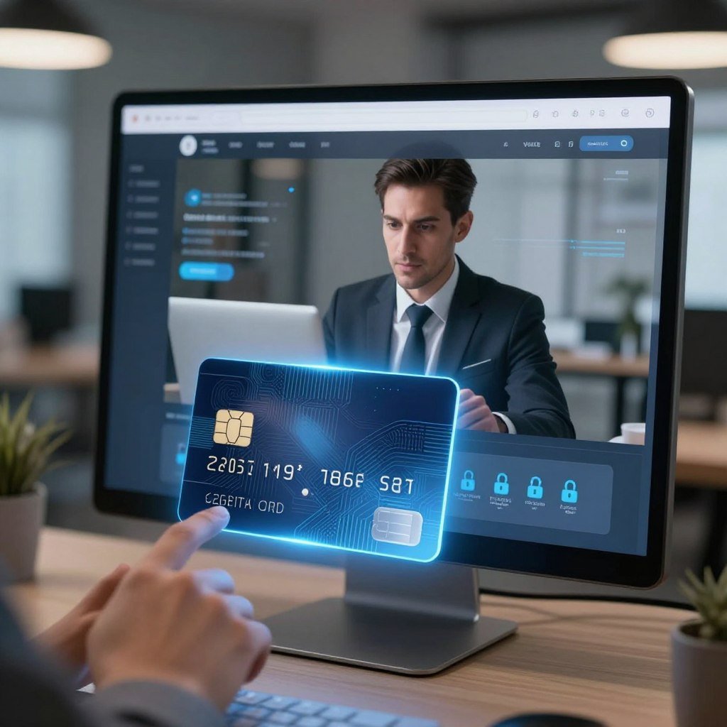 A sleek and modern virtual credit card generator interface displayed on a high-resolution computer screen in a stylish office setting. In the foreground, a glowing digital card emerges from the screen, showcasing intricate security features such as a secure chip and unique design patterns. The middle layer features a focused view of a professional in business attire, actively engaging with the interface, with a look of concentration and diligence. The background is filled with soft, ambient lighting, creating a safe and high-tech atmosphere, with subtle reflections of data streams and digital locks suggesting data security. Capture this scene from a slightly elevated angle, emphasizing the interaction between technology and user in a professional context.