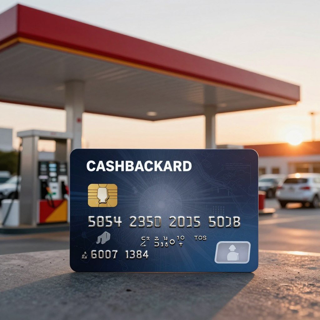 A sleek, modern credit card prominently displayed in the foreground, featuring an eye-catching design that symbolizes cashback rewards and fuel savings. Surrounding the card, vibrant gas station imagery is blended subtly into the middle ground, showcasing fuel pumps and a variety of vehicles refueling. In the background, a bright sky at sunset casts a warm, inviting glow, enhancing the atmosphere of financial savvy and convenience. Soft lighting highlights the card's details, and the overall composition emphasizes a sense of empowerment through smart spending. Capture a professional, clean aesthetic, evoking a sense of trust and reliability in credit choices, with no text or distractions in the image.