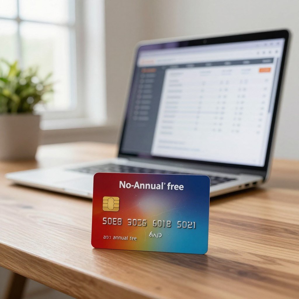 A sleek, modern credit card prominently displayed in the foreground, showcasing its innovative design without an annual fee. The card features a minimalist aesthetic with vibrant colors and a subtle holographic effect. In the middle ground, an open laptop rests on a stylish wooden desk, displaying a budgeting app on its screen, symbolizing financial management. Soft, natural light filters through a nearby window, creating a warm and inviting atmosphere. In the background, green plants add a touch of freshness, indicating a balanced and organized lifestyle. The overall mood conveys efficiency and smart financial choices, emphasizing the importance of no-annual-fee credit cards in a budget-conscious world. The scene is composed with a shallow depth of field to highlight the card and laptop while softly blurring the background for an elegant effect.