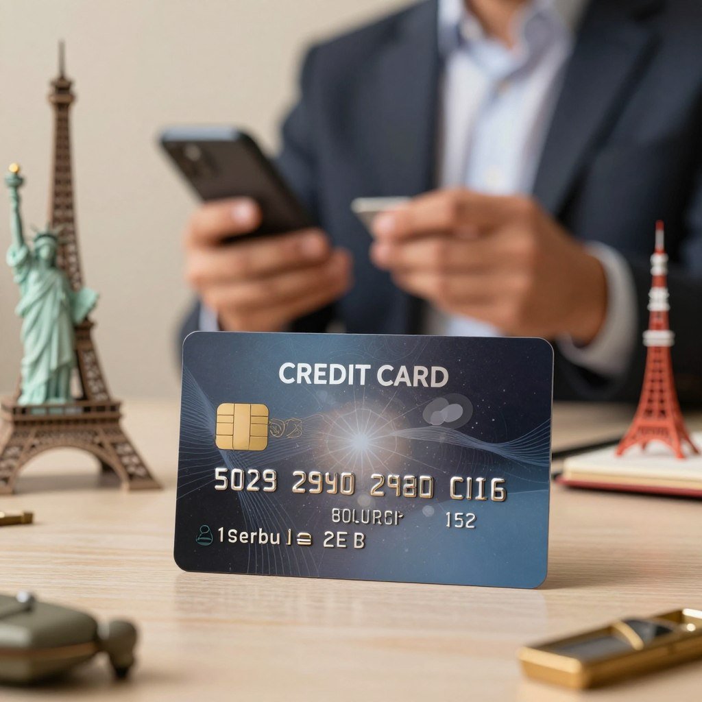 A sleek, modern international credit card prominently displayed in the foreground, showcasing its holographic features and unique design elements. The card is placed on a stylish travel-themed background, featuring iconic landmarks like the Eiffel Tower, Statue of Liberty, and Tokyo Tower blurred out to provide context. Soft, warm lighting illuminates the scene, casting gentle reflections on the card's surface, suggesting a sense of luxury and sophistication. In the middle ground, a well-dressed individual holding the card and a smartphone, embodying the idea of travel and financial empowerment. The atmosphere conveys excitement and anticipation, ideal for travelers seeking to maximize their credit card benefits during international journeys. The angle is slightly tilted for a dynamic perspective, adding depth to the composition.