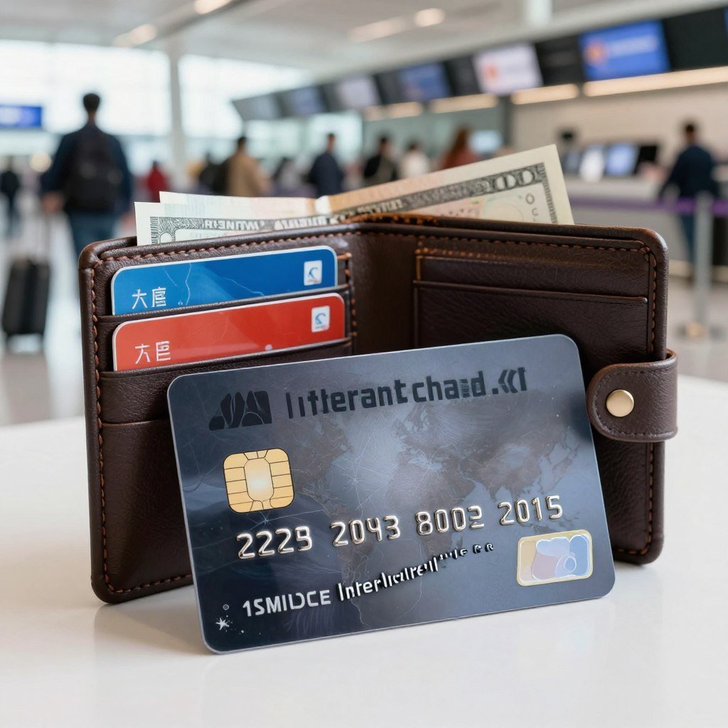A sleek, modern international credit card prominently displayed in the foreground, showcasing its unique features like a holographic chip and multi-currency symbols engraved on its surface. In the middle ground, a stylish wallet partially open reveals additional cards and a few cash notes, hinting at a well-prepared traveler. The background features a blurred, bustling airport scene with travelers moving and a soft focus on an airline check-in counter, enhancing the theme of international travel. The overall atmosphere is dynamic and confident, with bright, natural lighting that highlights the card's design. The angle should be slightly tilted to evoke a sense of adventure and movement, making the viewer feel the excitement of traveling abroad.