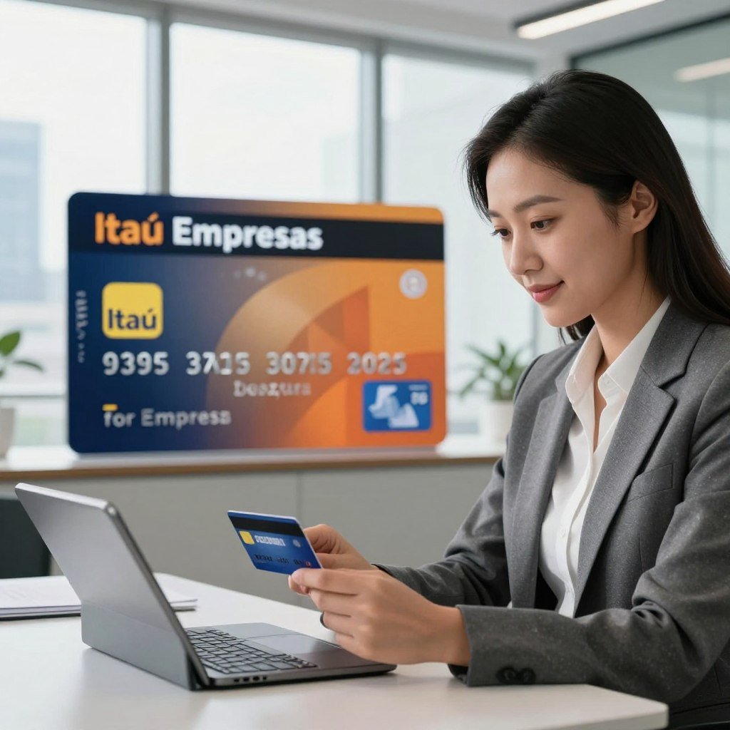 A sleek, modern office environment is depicted in the foreground, featuring a professional businessperson (a male or female, dressed in smart business attire) reviewing a credit card and digital tablet with a focused expression. In the middle ground, there is a prominent display of the Itaú Empresas card, showcasing its design and branding with an emphasis on its features for freelancers. The background features subtle hints of an urban skyline through large windows, with soft natural light illuminating the scene, creating a bright and inviting atmosphere. The mood is professional and optimistic, reflecting the benefits of financial independence for self-employed individuals. The perspective is slightly angled to highlight both the card and the user’s engagement with it. A sleek, modern office environment is depicted in the foreground, featuring a professional businessperson (a male or female, dressed in smart business attire) reviewing a credit card and digital tablet with a focused expression. In the middle ground, there is a prominent display of the Itaú Empresas card, showcasing its design and branding with an emphasis on its features for freelancers. The background features subtle hints of an urban skyline through large windows, with soft natural light illuminating the scene, creating a bright and inviting atmosphere. The mood is professional and optimistic, reflecting the benefits of financial independence for self-employed individuals. The perspective is slightly angled to highlight both the card and the user’s engagement with it.