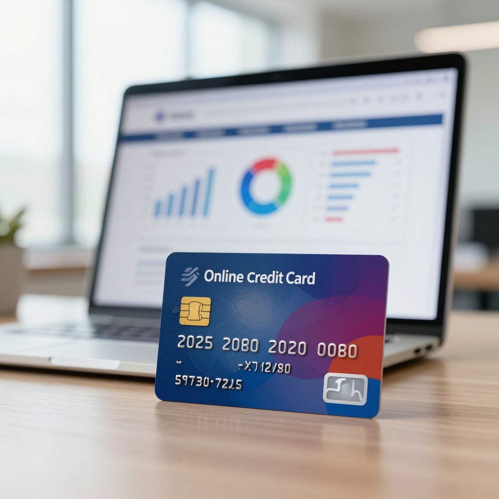 A sleek, modern online credit card prominently displayed in the foreground, showcasing its digital design, vibrant colors, and unique features like a quick approval badge. In the middle ground, a blurred laptop screen is visible, indicating an online banking platform with graphs and statistics related to digital banks versus traditional banks. The background features a bright, airy office environment with soft lighting filtering through large windows, creating a professional atmosphere. The image captures a feeling of efficiency and modernity, emphasizing the ease of online banking. The composition is framed at a slight angle to give depth, using a shallow depth of field to keep focus on the credit card while the laptop and office environment are softly blurred.