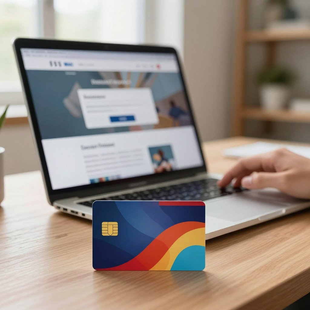 A sleek, modern prepaid card positioned prominently in the foreground, showcasing its glossy finish and unique design patterns, featuring vibrant colors. In the middle ground, a stylish laptop is open, displaying a secure payment website, with a user's hand poised above the touchpad, indicating online shopping in progress. The background consists of a home office setting, softly blurred to emphasize focus on the foreground elements, with warm, natural lighting filtering through a nearby window, creating a welcoming atmosphere. The overall mood is one of safe, confident online shopping, emphasizing the ease of using a prepaid card for secure transactions. The image should convey professionalism and modernity without any text or distractions.