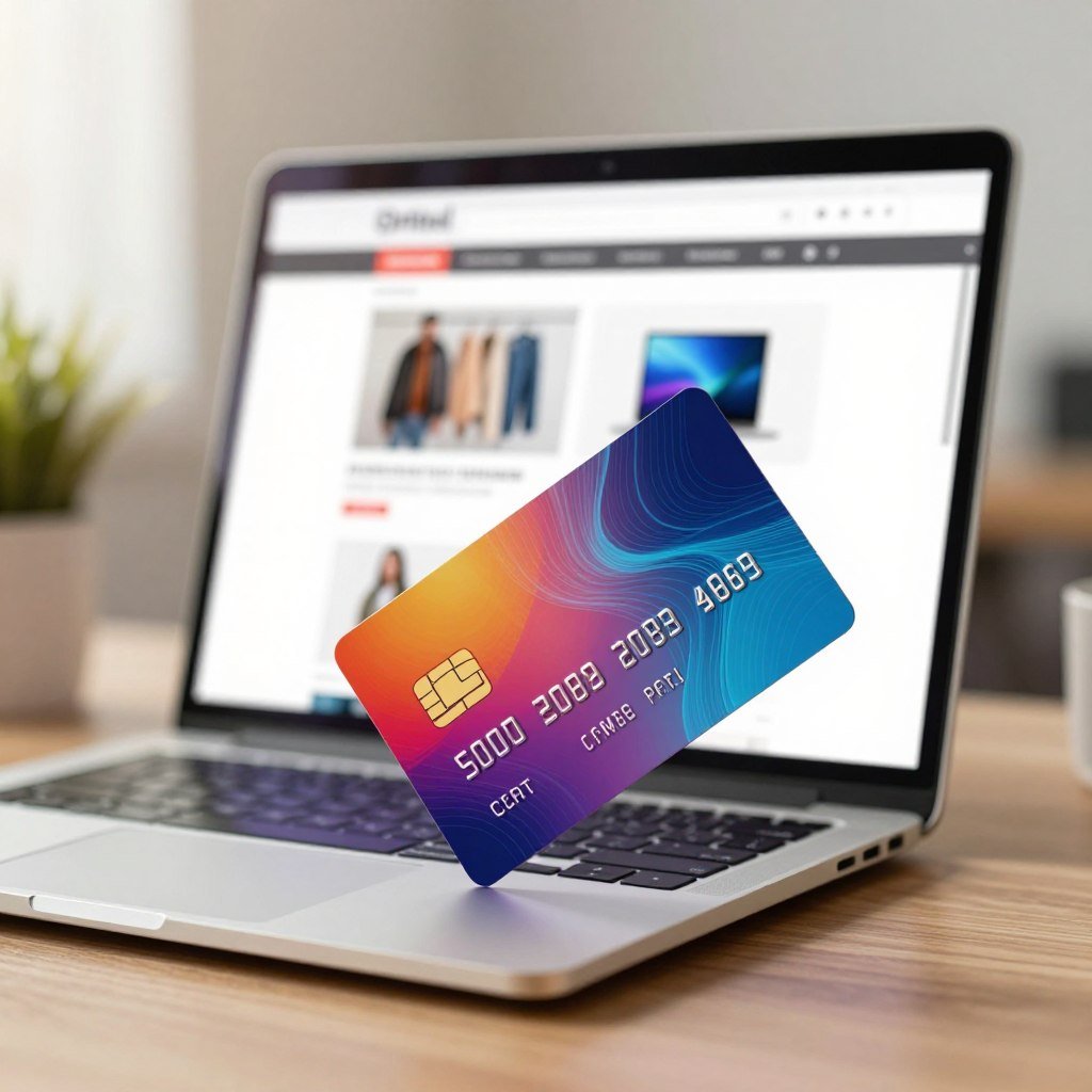 A sleek, modern virtual debit card floats in the foreground, showcasing vibrant colors and a shiny surface. The card features an abstract design with digital patterns symbolizing online transactions. In the middle ground, a blurred laptop screen displays an online shopping platform, with images of products like clothes and electronics, conveying the concept of online purchasing. The background is a softly lit office environment, suggesting professionalism, with hints of plants and a tidy workspace. Use warm, inviting lighting to create an optimistic atmosphere. The angle should be slightly tilted to add dynamism to the scene. The overall mood is modern and efficient, highlighting the convenience of a virtual debit card for online shopping.