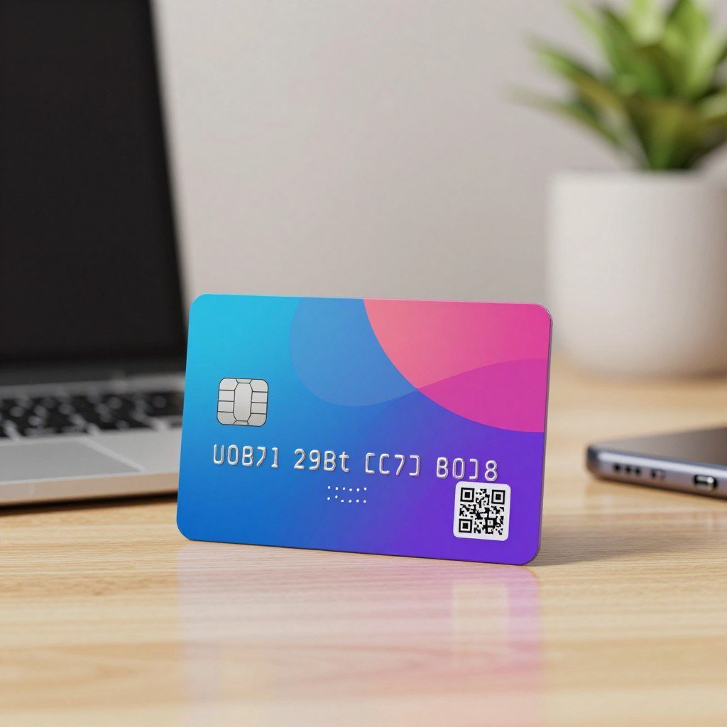 A sleek, modern virtual debit card is prominently featured in the foreground, showcasing a digital interface with vibrant colors and a futuristic design. The card is displayed against a blurred backdrop of a stylish workspace, with a laptop and smartphone nearby, suggesting a digital shopping environment. Soft, natural lighting illuminates the scene, creating a welcoming atmosphere, while the angle captures a dynamic view of the card's details, such as a QR code and secure chip feature. The mood is professional yet approachable, reflecting the convenience and security of online shopping. The overall composition emphasizes the virtual card's importance in modern finance, without any text or distracting elements.