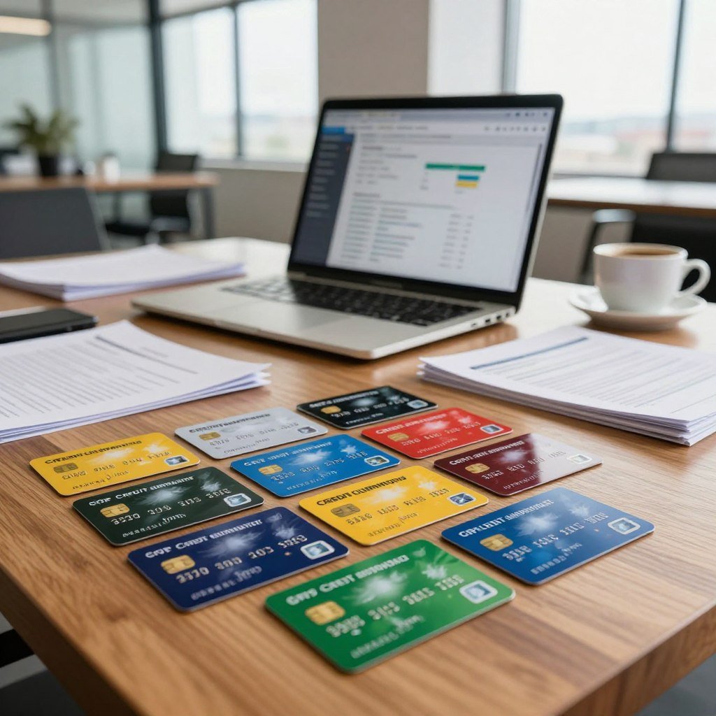 A sophisticated business scene showcasing various credit cards labeled as top options for corporate use in Brazil. In the foreground, a sleek wooden desk displays an arrangement of vibrant credit cards, each featuring distinct designs and colors representing leading Brazilian financial institutions. The middle ground includes a stylish laptop, open to a financial management dashboard, with a coffee cup and business documents neatly arranged. In the background, a modern office environment with large windows allowing natural light to flood in, creating a bright and inviting atmosphere. The lighting should be warm, highlighting the professionalism of the setting. The mood conveys efficiency, trust, and modernity in corporate finances.