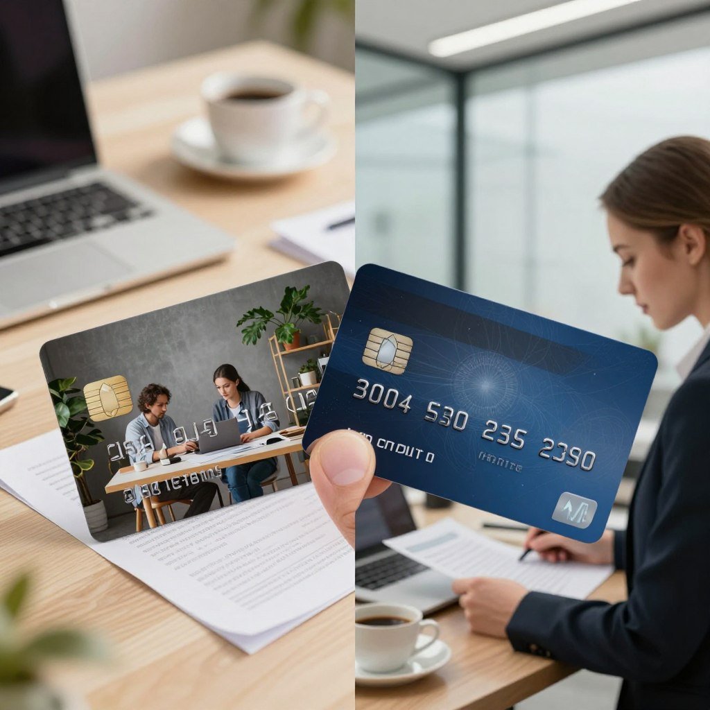 A split image highlighting the contrast between personal and business credit cards. On the left, a sleek, modern personal credit card featuring a casual setting with a freelancer working in a cozy home office, surrounded by plants and a laptop. On the right, a professional business credit card displayed in a sophisticated environment with a businessperson in professional attire reviewing documents in a bright office space with glass walls. Background elements include a desk, paperwork, and a coffee cup enhancing the professional atmosphere. Use soft, natural lighting to create an inviting mood, with a sharp focus on the cards, illustrating their distinct designs. The angle should be slightly overhead, providing depth and clarity to both sides of the image while maintaining a balanced composition.