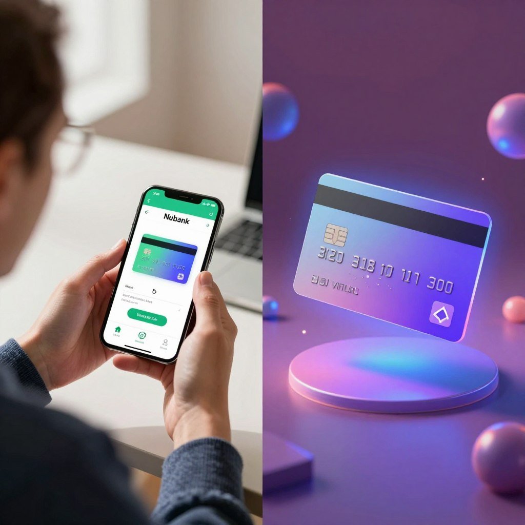 A split-screen image illustrating the differences between unlocking a physical and a virtual Nubank card. On the left, a professional-looking individual, dressed in business attire, sits at a desk with a smartphone displaying the Nubank app on-screen, highlighting the physical card's unlocking process. The background features soft natural lighting, creating a warm atmosphere. On the right, a digital representation of a virtual card floats in a colorful, abstract digital space, symbolizing the app interface with vibrant graphics. Subtle glows and shadows enhance the modern, tech-savvy feel, using a slight bird's-eye angle to represent the virtual experience. The overall mood balances professionalism with cutting-edge technology, inviting viewers to understand each unlocking method visually.