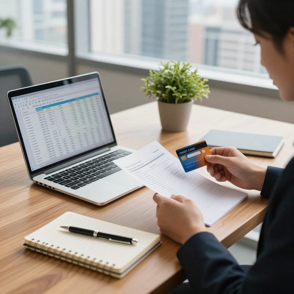 A tidy office environment showcasing a sleek wooden desk with a laptop open, displaying a detailed financial summary. In the foreground, a neatly organized notebook with a pen, highlighting the importance of tracking expenses. In the middle ground, a small green plant adds a touch of life, symbolizing growth in financial management. The background features a well-lit view of a city skyline through a large window, suggesting success and ambition. Soft, warm lighting bathes the scene, creating an inviting atmosphere. A person in professional business attire, focused, is seated at the desk, reviewing their credit card statement with a thoughtful expression. The lens captures this scene in a slightly overhead angle to emphasize the organized, proactive approach to managing credit card bills. A tidy office environment showcasing a sleek wooden desk with a laptop open, displaying a detailed financial summary. In the foreground, a neatly organized notebook with a pen, highlighting the importance of tracking expenses. In the middle ground, a small green plant adds a touch of life, symbolizing growth in financial management. The background features a well-lit view of a city skyline through a large window, suggesting success and ambition. Soft, warm lighting bathes the scene, creating an inviting atmosphere. A person in professional business attire, focused, is seated at the desk, reviewing their credit card statement with a thoughtful expression. The lens captures this scene in a slightly overhead angle to emphasize the organized, proactive approach to managing credit card bills.