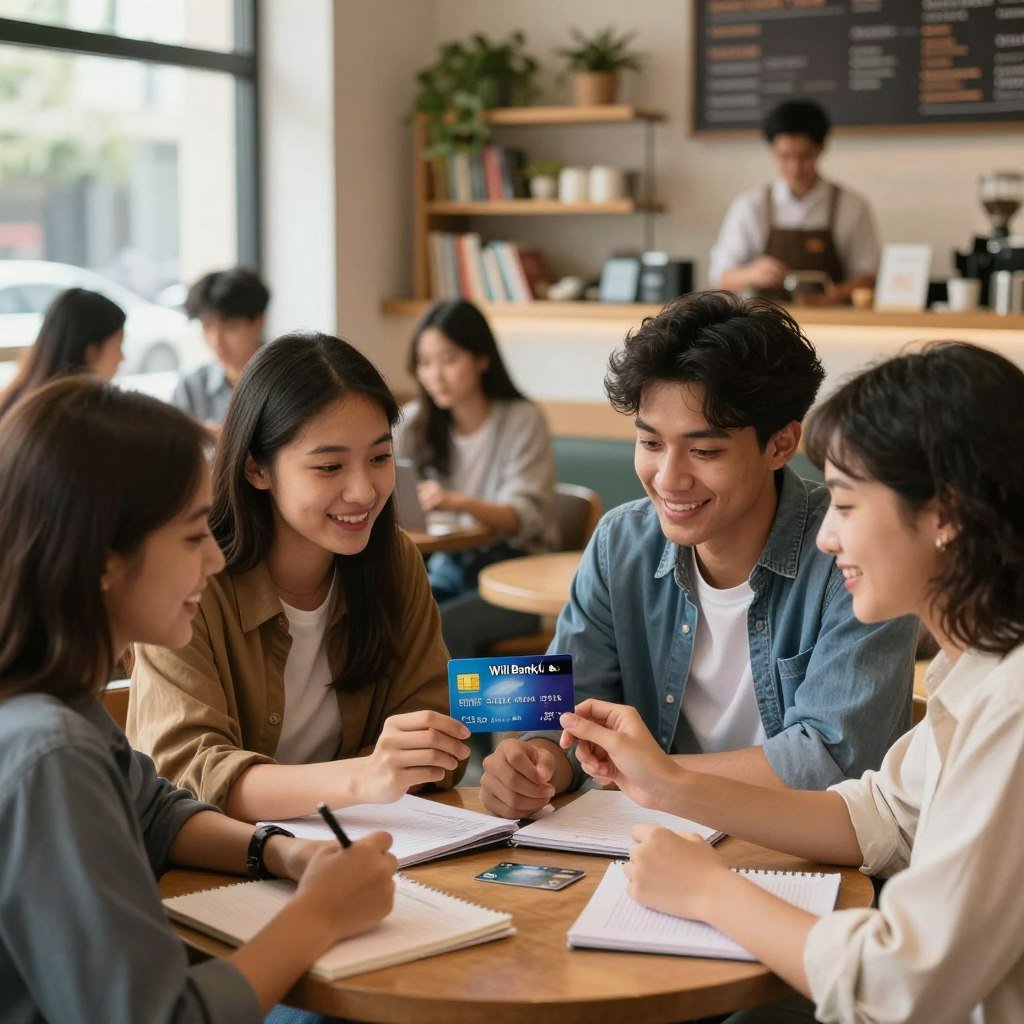 A vibrant and educational scene showcasing the advantages of credit cards for students. In the foreground, a diverse group of young adults, dressed in smart casual clothing, is engaged in a collaborative study session at a bright and inviting café. They are examining a sleek credit card which prominently features the Will Bank logo, with lists of benefits such as "cashback," "rewards," and "financial management" represented visually around them. In the middle ground, the café has shelves filled with books and plants, creating a warm and motivating atmosphere. Soft natural light filters in through large windows, enhancing the positivity of the environment. The background includes blurred details of other students working and friendly baristas, emphasizing a dynamic, focused atmosphere conducive to learning about personal finance. The overall mood is cheerful and informative, inviting the viewer to explore the possibilities of using credit wisely.