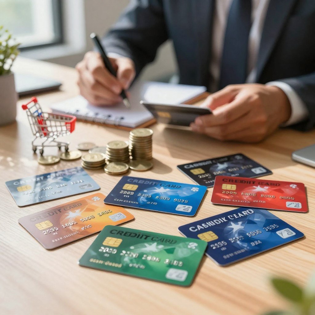 A vibrant and engaging scene depicting various credit cards showcasing cashback rewards prominently in the foreground. Each card features different colors and designs, with a subtle glow to emphasize their appeal. In the middle ground, stacks of coins and small shopping items symbolize savings and purchases associated with cashback offers. The background includes a soft-focus of an office setting, with a professional individual in business attire thoughtfully analyzing the cards and making notes. The lighting is warm and inviting, suggesting a productive financial planning atmosphere, with natural light streaming in from a nearby window, casting gentle shadows. The overall mood is one of empowerment and informed decision-making, creating an atmosphere conducive to choosing the best cashback credit card. A vibrant and engaging scene depicting various credit cards showcasing cashback rewards prominently in the foreground. Each card features different colors and designs, with a subtle glow to emphasize their appeal. In the middle ground, stacks of coins and small shopping items symbolize savings and purchases associated with cashback offers. The background includes a soft-focus of an office setting, with a professional individual in business attire thoughtfully analyzing the cards and making notes. The lighting is warm and inviting, suggesting a productive financial planning atmosphere, with natural light streaming in from a nearby window, casting gentle shadows. The overall mood is one of empowerment and informed decision-making, creating an atmosphere conducive to choosing the best cashback credit card.