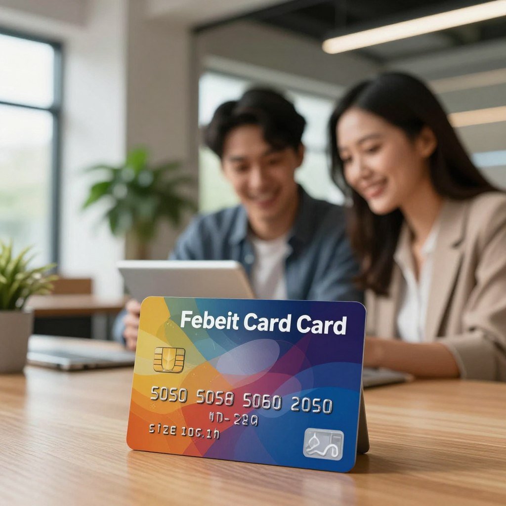 A vibrant and inviting digital banking scene showcasing a modern, no-fee credit card prominently displayed in the foreground. The card is sleek, featuring a contemporary design with dynamic colors. In the middle ground, depict a young professional couple, dressed in smart casual attire, reviewing their finances on a tablet, with expressions of satisfaction and relief. The background features a warm, modern office environment with greenery, and large windows allowing soft, natural light to filter in. The atmosphere should feel optimistic and reassuring, emphasizing the ease of managing finances without hidden costs. Capture the scene from a slightly angled perspective to create depth and focus on the card and the couple.