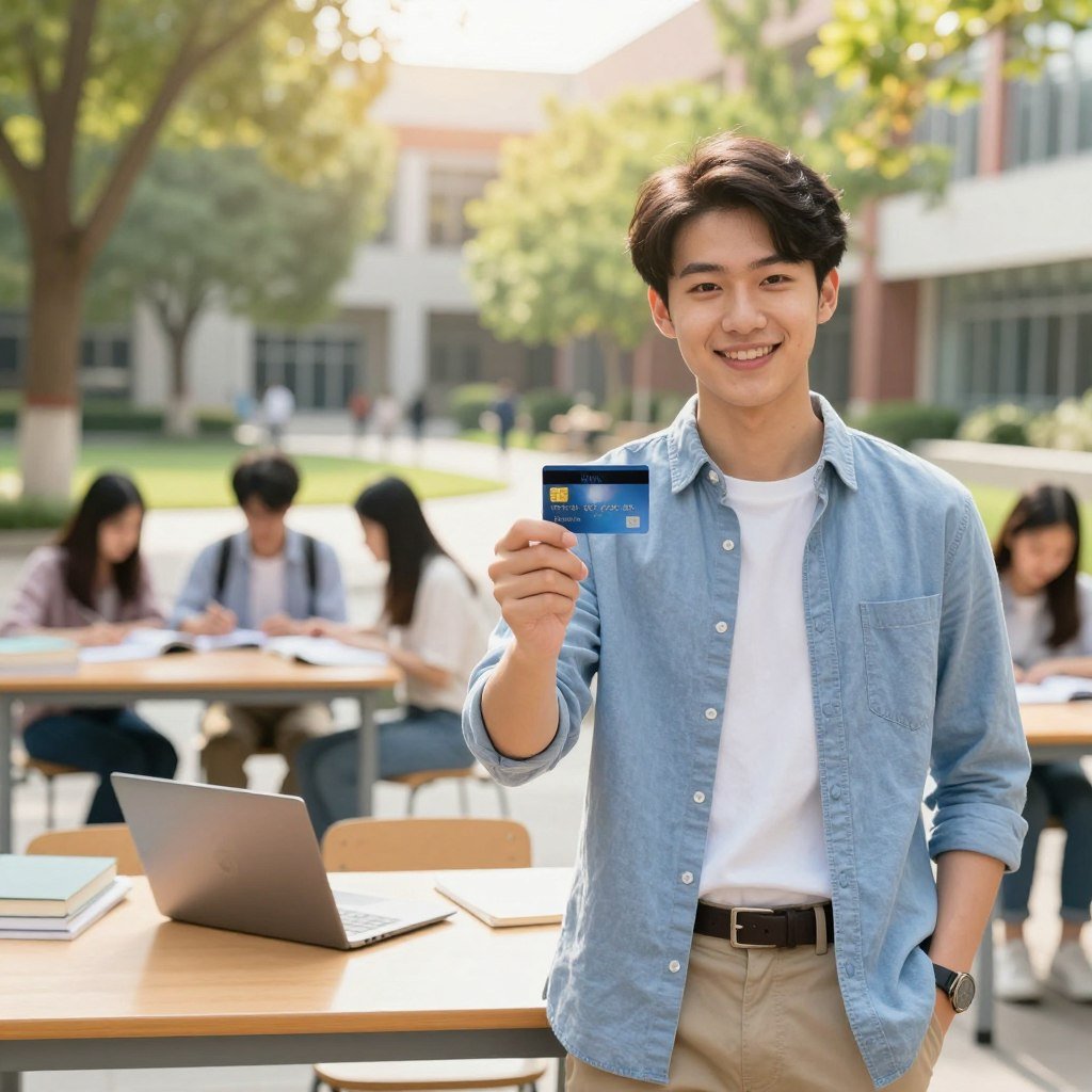 A vibrant and polished image depicting a university student standing in a bright, modern campus setting, showcasing the Will Bank credit card as a symbol of simplicity and convenience. The foreground features the student, dressed in smart casual clothing, confidently holding the card. In the middle, a desk cluttered with books and a laptop reflects the academic atmosphere. The background has a blurred view of a bustling university courtyard with fellow students engaged in their studies, creating a sense of community and focus. Soft, natural sunlight filters through trees, casting warm light, enhancing the cheerful and optimistic mood of financial freedom for students. The scene is dynamic yet organized, illustrating the ease of managing finances with the right card.