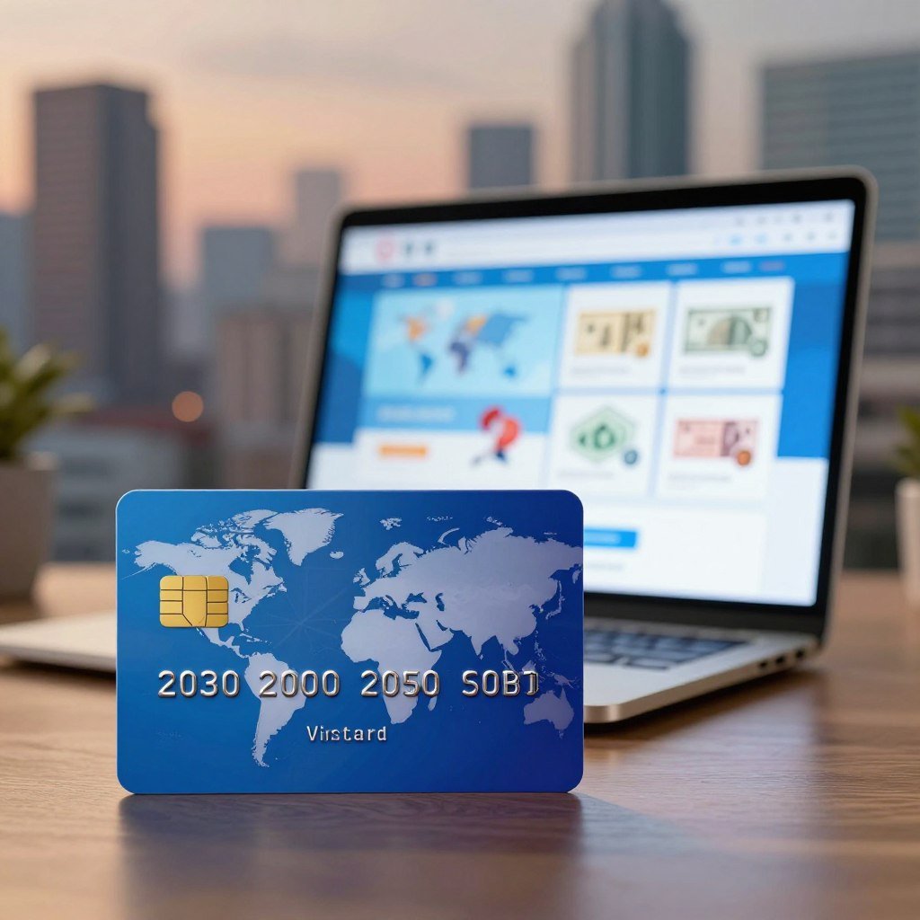 A vibrant image of an international virtual card prominently displayed in the foreground, featuring a sleek design with a globe motif, symbolizing worldwide acceptance. In the middle, include a laptop open to a digital payment platform, with a glowing screen showcasing various currencies, emphasizing global transactions. The background features a blurred city skyline, evoking a sense of international commerce and modern technology. Soft, ambient lighting creates a warm atmosphere, while a shallow depth of field focuses on the card and laptop, enhancing the central elements. The overall mood is professional and efficient, suggesting trust and innovation in the world of virtual finance.