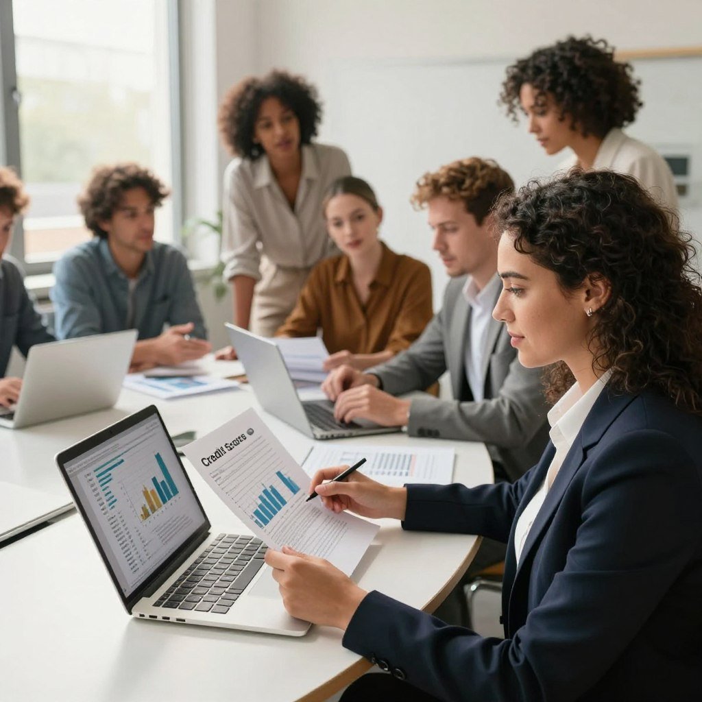 A vibrant, professional office environment showcasing a diverse group of freelancers engaged in discussions about credit scores. In the foreground, a confident woman in smart business attire is analyzing financial documents, with a laptop open displaying graphs and data related to credit scores. In the middle ground, a diverse team of freelancers, including men and women of various ethnicities, collaborate around a round table filled with papers and laptops, exchanging ideas. The background features a large window letting in natural light, creating an inviting atmosphere. The overall mood is one of focus and determination, highlighting the importance of building a good credit score for professional success. The lighting is warm and bright, emphasizing productivity. A vibrant, professional office environment showcasing a diverse group of freelancers engaged in discussions about credit scores. In the foreground, a confident woman in smart business attire is analyzing financial documents, with a laptop open displaying graphs and data related to credit scores. In the middle ground, a diverse team of freelancers, including men and women of various ethnicities, collaborate around a round table filled with papers and laptops, exchanging ideas. The background features a large window letting in natural light, creating an inviting atmosphere. The overall mood is one of focus and determination, highlighting the importance of building a good credit score for professional success. The lighting is warm and bright, emphasizing productivity.