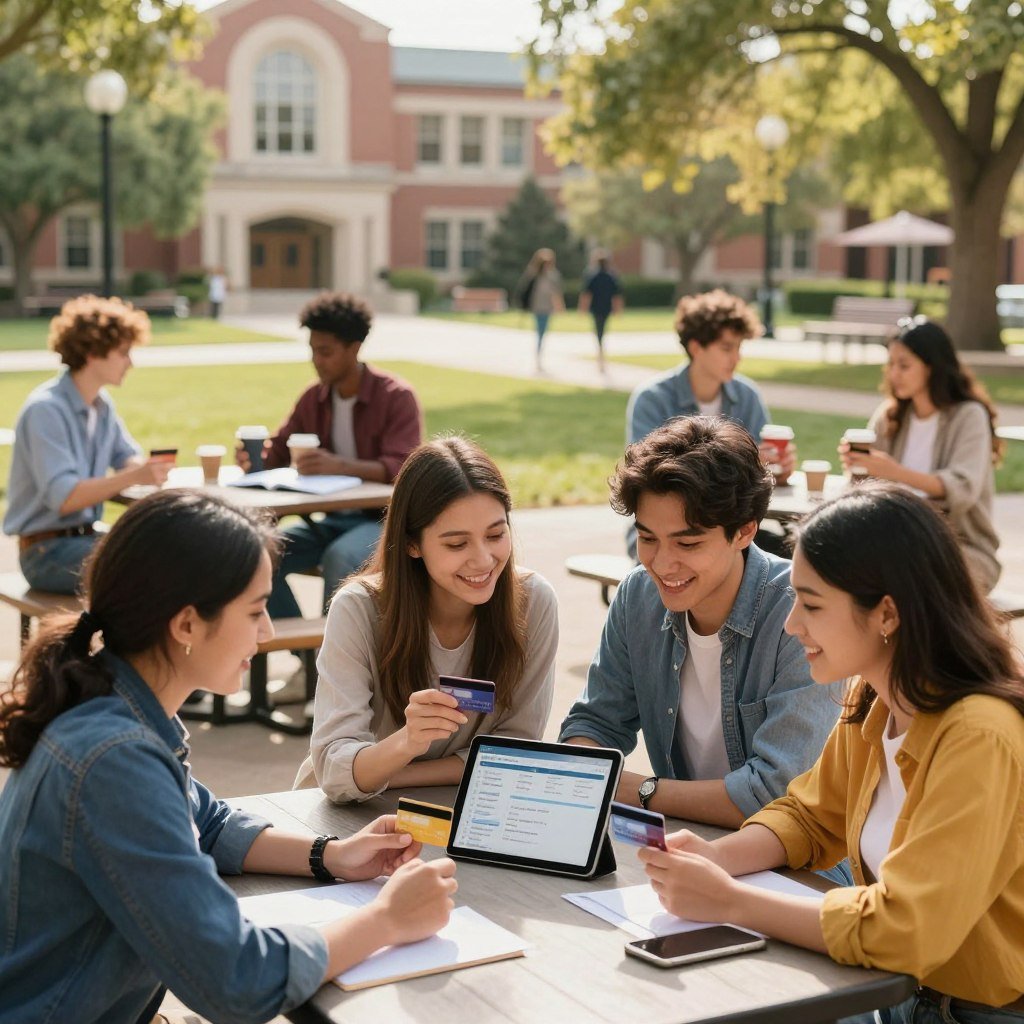 A vibrant university campus scene during the day, showcasing diverse students using credit cards in beneficial ways. In the foreground, a group of three college students—two males and one female—are sitting at a picnic table discussing their finances. They’re dressed in casual yet professional attire, smiling and looking at a tablet displaying budgeting tools. In the middle ground, an assortment of students are engaged in various activities, such as studying, shopping, and enjoying coffee at a campus café, with credit card experiences depicted subtly. The background includes a picturesque campus building and trees, bathed in warm sunlight. The overall atmosphere is upbeat and scholarly, reflecting empowerment and financial awareness in academic life. The scene is captured with a soft focus to enhance warmth and engagement.