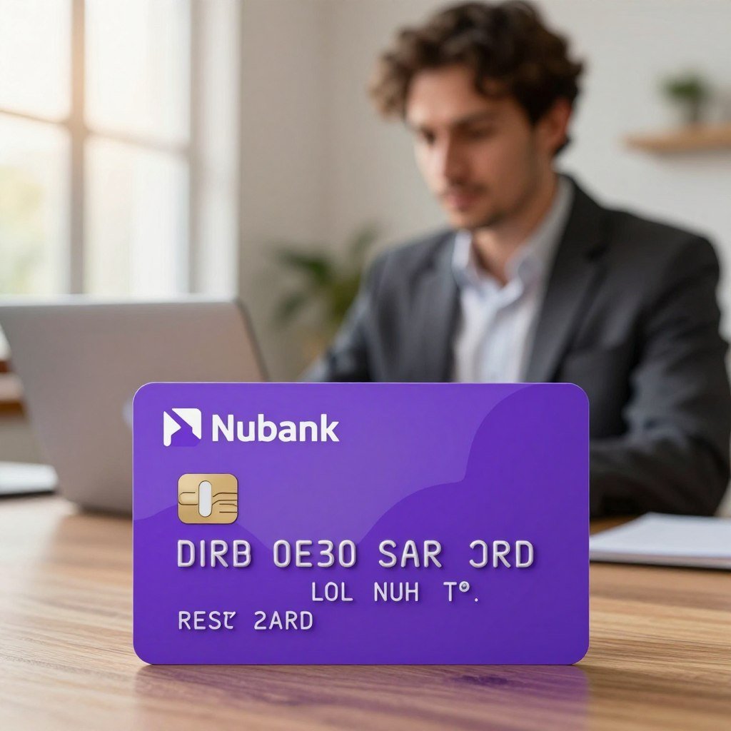 A virtual debit card prominently displayed in the foreground, featuring Nubank's distinctive purple branding and modern design elements, showcasing the card number and expiration date in a sleek manner. In the middle ground, a person dressed in professional business attire is focused on a laptop screen, illustrating the online usage of the virtual card. The background includes a softly blurred home office environment, with warm, natural lighting filtering through a window, creating a welcoming and productive atmosphere. The focus is on the ease and convenience of using the virtual card for online transactions, capturing the essence of modern banking with a sense of professionalism and reliability. A virtual debit card prominently displayed in the foreground, featuring Nubank's distinctive purple branding and modern design elements, showcasing the card number and expiration date in a sleek manner. In the middle ground, a person dressed in professional business attire is focused on a laptop screen, illustrating the online usage of the virtual card. The background includes a softly blurred home office environment, with warm, natural lighting filtering through a window, creating a welcoming and productive atmosphere. The focus is on the ease and convenience of using the virtual card for online transactions, capturing the essence of modern banking with a sense of professionalism and reliability.