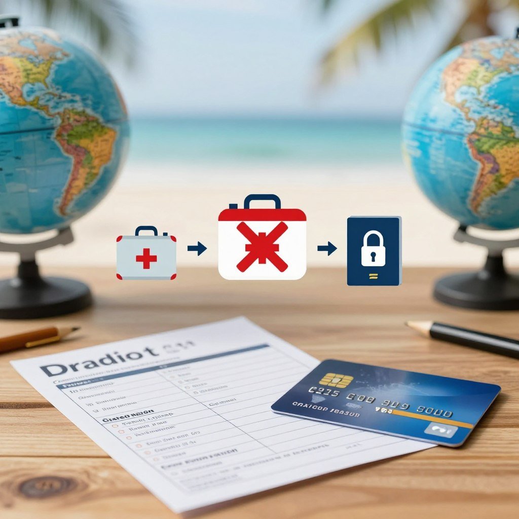 A visual representation of common exclusions in credit card travel insurance, featuring a detailed collage of symbolic elements. In the foreground, a travel itinerary and a credit card resting on a wooden table, with iconic travel-related items like a globe and suitcases. In the middle, an abstract visual chart depicting common exclusions, like a first aid kit with a cross marked out, and a passport with a lock symbol. The background is a softly blurred image of a serene beach setting, creating a contrast between travel dreams and insurance realities. Use warm, natural lighting to evoke a thoughtful and informative atmosphere, with a focus on clarity and professionalism. The angle should be slightly overhead to capture all elements effectively, with a depth of field that keeps the focus on the details in the foreground.