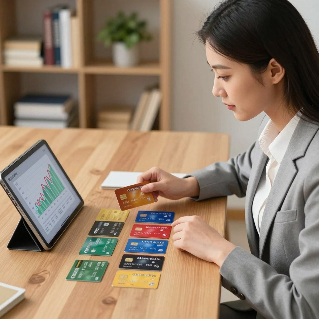 A visually appealing and informative scene featuring a well-dressed young professional woman analyzing different cashback credit cards laid out on a wooden table. In the foreground, the woman is engrossed in her task, with a digital tablet displaying spending graphs beside her. The middle ground includes an assortment of colorful credit cards with various designs, labeled by cashback percentages. In the background, softly blurred shelves filled with financial books and a plant add a touch of warmth to the setting. The lighting is soft and natural, creating a calm and focused atmosphere, while the angle captures the woman in a three-quarter view, emphasizing her thoughtful expression. The overall mood reflects careful decision-making and financial empowerment.