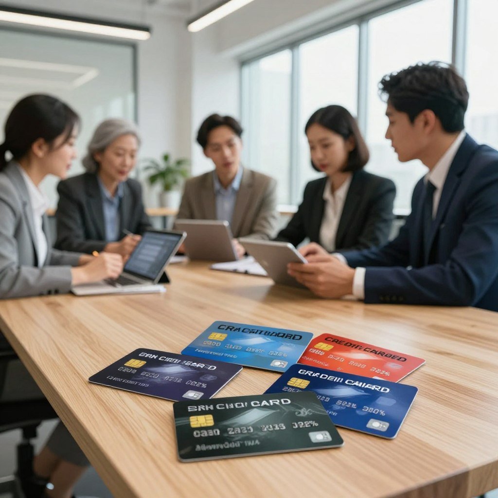 A visually appealing and informative scene focused on credit cards without annual fees in a contemporary office setting. In the foreground, a sleek, modern wooden desk showcases several different credit cards, with a clear emphasis on their attractive features like cash back percentages and reward program highlights. In the middle, a diverse group of professionals dressed in smart business attire are engaged in a discussion, analyzing benefits and advantages on digital tablets. The background reveals a bright, well-lit office space with large windows allowing natural light, and elements such as potted plants and motivational posters. The overall atmosphere should convey a sense of professionalism and collaboration, emphasizing thoughtful decision-making regarding financial choices. The mood is optimistic and empowering.