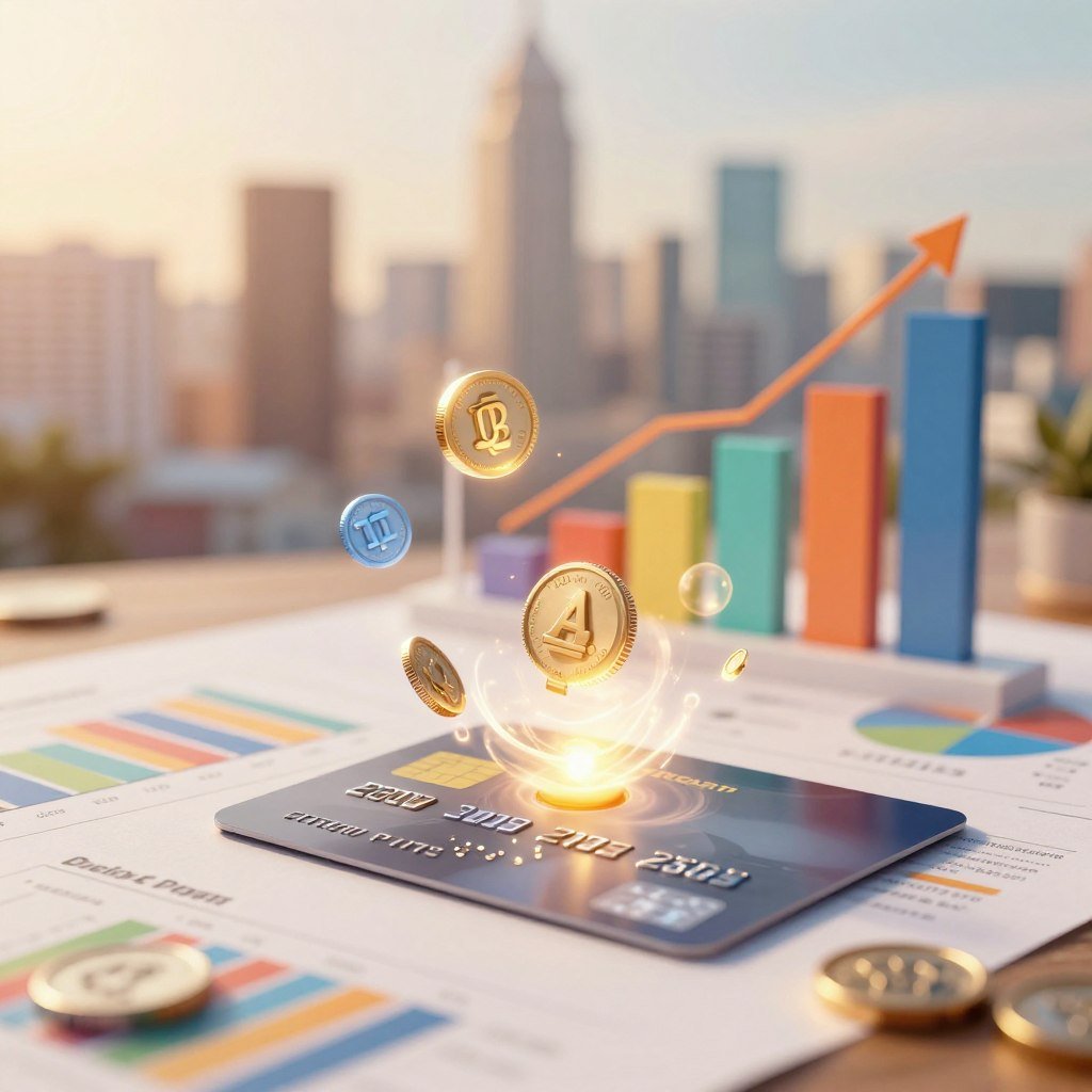 A visually appealing image of a credit card surrounded by colorful charts and floating icons representing points and miles. In the foreground, the credit card, sleek and modern, has digital representations of points and miles swirling around it, illustrated as glowing orbs. In the middle background, subtle graphs depict growth in accumulated points over time, with vibrant colors to suggest potential. In the far background, a blurred skyline of a city to evoke travel and adventure, bathed in warm, inviting lighting. The atmosphere is optimistic and aspirational, suggesting the value of loyalty programs. The scene should be captured with a soft focus and a slight upward angle to enhance the feeling of growth and opportunity.