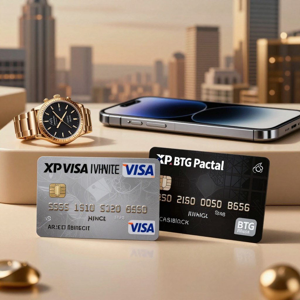 A visually captivating composition showcasing a selection of high-end credit cards emphasizing cashback benefits. In the foreground, prominently display the XP Visa Infinite and BTG Pactual Black cards, elegantly arranged with a slight tilt to capture light reflections. The middle layer features an assortment of luxury items, such as a stylish watch and sleek smartphone, to symbolize financial sophistication and rewards. The background presents a modern, softly-lit urban setting with blurred outlines of a skyline, creating a sense of ambition and opportunity. Use warm, inviting lighting to enhance the premium feel, with a shallow depth of field to keep focus on the cards. The overall atmosphere should feel aspirational, conveying a blend of luxury and smart financial choices.