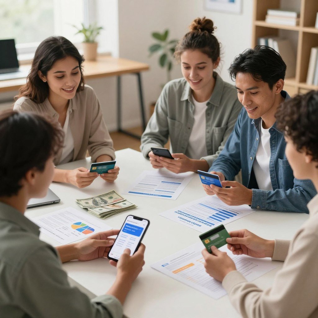 A visually compelling illustration depicting alternatives to credit cards for installment purchases. In the foreground, a diverse group of professionals—two women and one man—are discussing various payment methods such as digital wallets, payment plans, and debit cards, showcasing them on digital devices and paper charts. The middle ground features a stylish table adorned with cash, a smartphone displaying a financial app, and brochures about financing options. In the background, a warm, inviting office space with soft, natural lighting creates a sense of productivity and collaboration. The overall atmosphere is professional yet approachable, emphasizing financial literacy and innovative purchasing strategies. The composition should convey a sense of trust, clarity, and modernity.