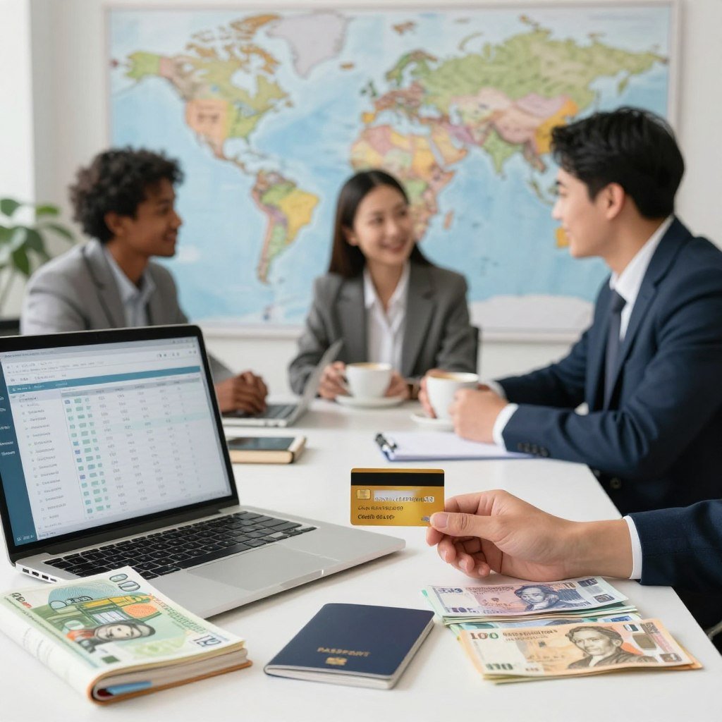 A visually engaging and informative composition showcasing tips for saving money when using an international credit card. In the foreground, a well-organized desk featuring a laptop with financial tracking software open, alongside a travel guide, a passport, and various international currency bills arranged neatly. In the middle ground, a diverse group of three professionals in business attire are discussing strategies over coffee, appearing engaged and optimistic. The background features a world map with highlighted travel destinations, suggesting wise spending locations. Soft, natural lighting complements the scene, with a slight depth of field to keep the focus crisp on the foreground elements, creating a productive and inspiring atmosphere. A visually engaging and informative composition showcasing tips for saving money when using an international credit card. In the foreground, a well-organized desk featuring a laptop with financial tracking software open, alongside a travel guide, a passport, and various international currency bills arranged neatly. In the middle ground, a diverse group of three professionals in business attire are discussing strategies over coffee, appearing engaged and optimistic. The background features a world map with highlighted travel destinations, suggesting wise spending locations. Soft, natural lighting complements the scene, with a slight depth of field to keep the focus crisp on the foreground elements, creating a productive and inspiring atmosphere.