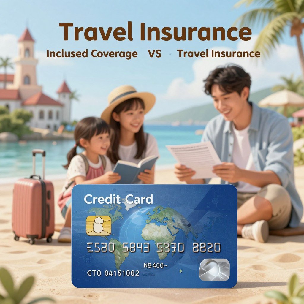 A visually engaging and informative illustration depicting the advantages of travel insurance through credit cards versus separate travel insurance. In the foreground, a professional-looking credit card is prominently displayed, showcasing symbols of travel, like a globe and luggage. In the middle ground, contrasting scenes of a happy family enjoying a vacation alongside a person examining insurance documents, symbolizing the differences between included coverage and purchased coverage. The background features iconic travel destinations, emphasizing adventure and security. Soft natural lighting creates a warm, inviting atmosphere. A slight depth of field effect brings focus to the credit card and the family, conveying trust and reliability in travel experiences.