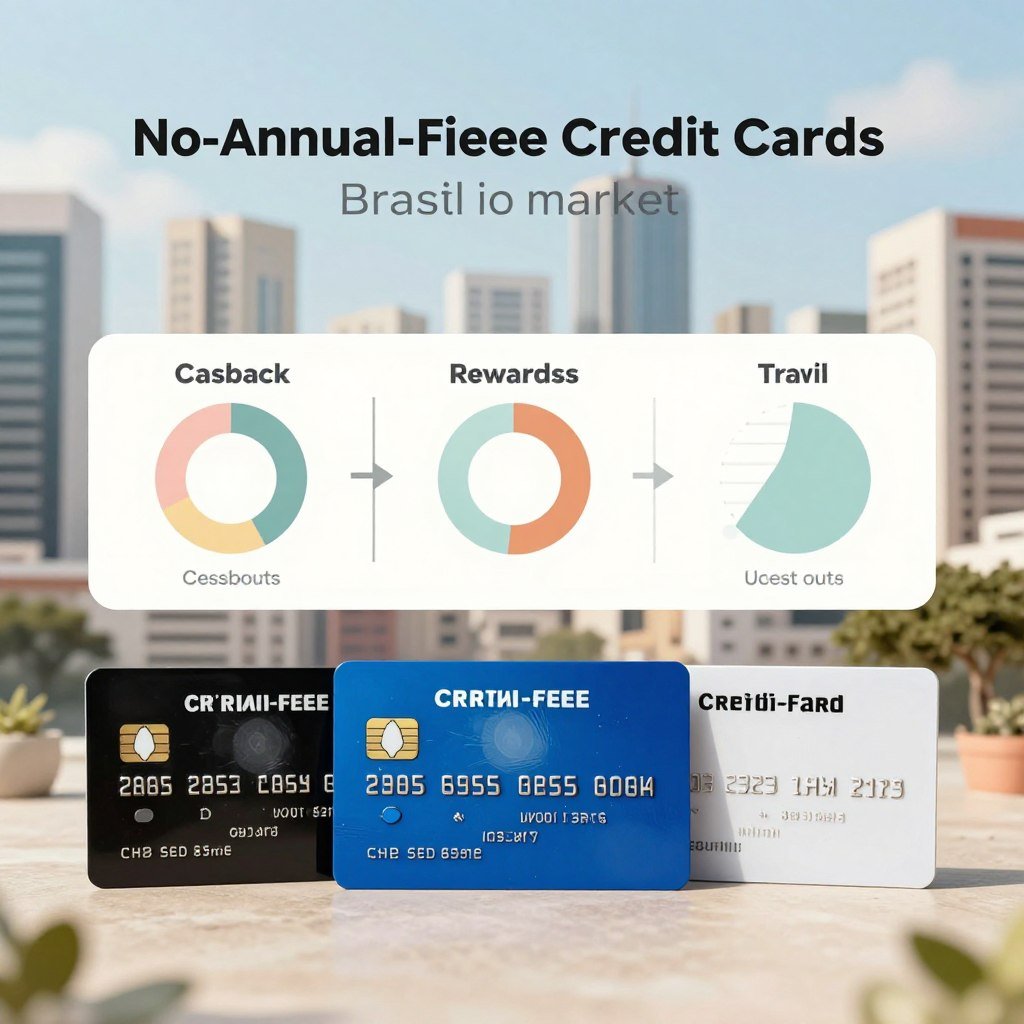 A visually engaging comparison of no-annual-fee credit cards in the Brazilian market, featuring an elegant and organized layout. In the foreground, display three distinct credit cards, each with unique designs: one a sleek black card, another a vibrant blue card, and a third a minimalist white card. In the middle ground, incorporate visual charts or infographics that highlight key benefits like cashback, rewards, and travel perks, using soft pastel colors for a friendly atmosphere. The background should depict a stylish, modern Brazilian city skyline, emphasizing a lively urban vibe. Soft, natural lighting enhances the professional tone of the scene, with a slightly blurred lens effect to draw focus on the cards and comparisons. Aim for a polished, informative, and inviting atmosphere.