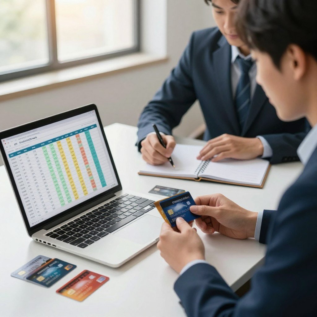 A visually engaging composition illustrating the concept of managing credit card points for maximum value. In the foreground, a neatly organized table featuring a laptop displaying a colorful spreadsheet of accumulated points, alongside various credit cards arranged artistically. The middle ground showcases a professional individual dressed in business attire, thoughtfully analyzing the credit cards and points on a notepad, with a confident expression. The background includes a bright office space with large windows letting in soft, natural light, creating a warm, productive atmosphere. The scene should embody a sense of focus and strategic planning, emphasizing the importance of effective point management. Angle the shot from a slightly elevated perspective, capturing the individual’s intention and the vibrant layout of the table.