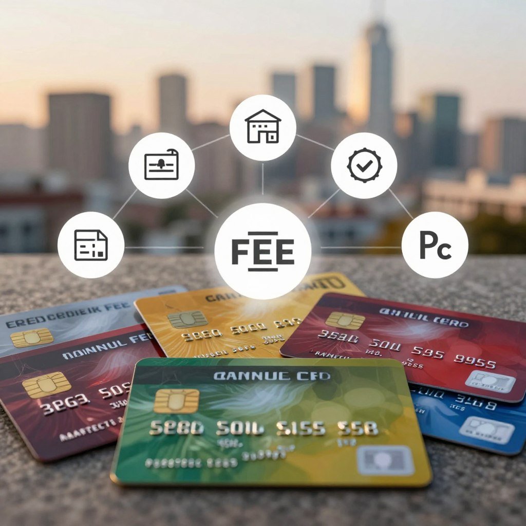 A visually engaging composition that illustrates credit card fees, focusing on different types of credit cards displayed prominently in the foreground. Each card should have distinct colors and designs, emphasizing their features like no annual fee and low interest rates. In the middle, a series of icons representing fees, such as transaction fees and late payment fees, are arranged around the cards, enhancing the theme. The background features a blurred city skyline with a soft golden hour light, creating a warm and inviting mood. Add a slight depth of field to highlight the cards and icons clearly. Use a close-up angle to emphasize the details, ensuring the overall atmosphere feels professional and informative.