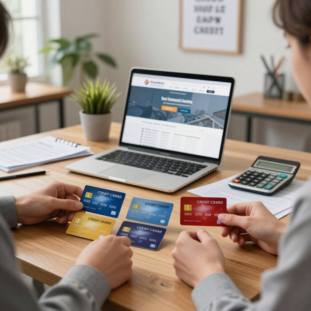 A visually engaging illustration showing a variety of credit card options for individuals with negative credit. In the foreground, a professional person in modest business attire is examining several credit cards laid out on a sleek wooden table, showcasing different designs and colors. In the middle, a laptop displays financial services websites, while a calculator and personal finance documents add depth. The background features an office setting with soft, warm lighting, plants to evoke a sense of calm, and a motivational quote framed on the wall, hinting at financial empowerment. The atmosphere should be hopeful and informative, capturing the essence of exploring financial alternatives without stigma. Use a slight depth of field to focus on the foreground details, with a natural, inviting color palette. A visually engaging illustration showing a variety of credit card options for individuals with negative credit. In the foreground, a professional person in modest business attire is examining several credit cards laid out on a sleek wooden table, showcasing different designs and colors. In the middle, a laptop displays financial services websites, while a calculator and personal finance documents add depth. The background features an office setting with soft, warm lighting, plants to evoke a sense of calm, and a motivational quote framed on the wall, hinting at financial empowerment. The atmosphere should be hopeful and informative, capturing the essence of exploring financial alternatives without stigma. Use a slight depth of field to focus on the foreground details, with a natural, inviting color palette.