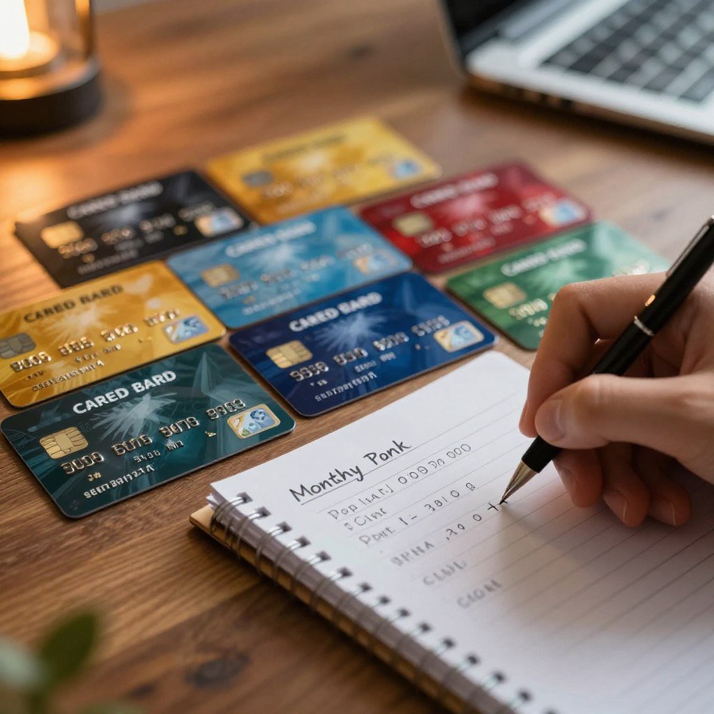 A visually engaging image of a table filled with credit cards, each displaying colorful, shimmering points representing a loyalty program's rewards. In the foreground, a hand scores points on a notepad, with clear notes and calculations around monthly spending. The middle ground showcases a variety of credit cards, including those with premium designs, indicating different spending limits and rewards categories. In the background, a warm, inviting atmosphere is created with soft, ambient lighting, giving a professional, yet cozy feel. The scene is captured with a slight depth of field, putting the focus on the cards and notepad while softly blurring the background. This image conveys the impact of monthly spending on reward points in a visually appealing manner.