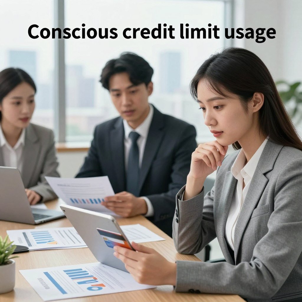 A visually engaging representation of "conscious credit limit usage" featuring a professional, diverse group of individuals in a bright, well-lit office environment. In the foreground, a focused young woman in business attire is reviewing her credit card statement on a tablet, displaying a thoughtful expression. The middle ground includes a man in a suit engaging in a discussion with a colleague, both surrounded by financial documents and charts that emphasize budgeting. In the background, a large window reveals a city skyline, symbolizing financial opportunities. Soft, natural light illuminates the scene, creating a productive and optimistic atmosphere, reflecting the importance of managing credit responsibly for better financial health.