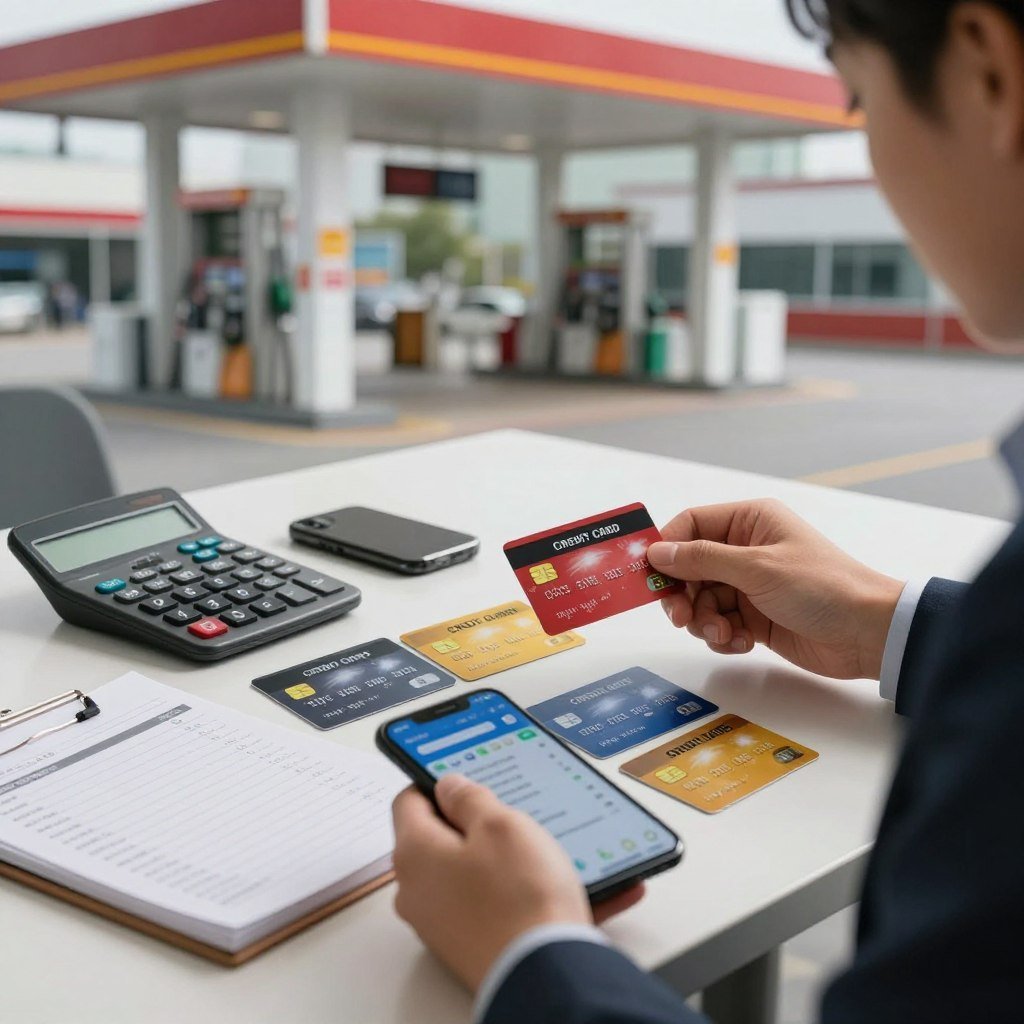 A visually engaging scene depicting the process of selecting a credit card with cashback for fuel in a modern financial context. In the foreground, a focused individual in business attire studies various credit card options laid out on a sleek table, with a smartphone displaying fuel price trends. In the middle, a calculator and a notepad filled with financial notes enhance the decision-making atmosphere. The background features a blurred image of a gasoline station, signifying the importance of fuel prices. Soft, warm lighting creates an inviting yet serious mood, with a shallow depth of field emphasizing the subject. The angle captures both the individual’s concentration and the tools of planning, reflecting the impact of inflation and fuel prices on financial planning.